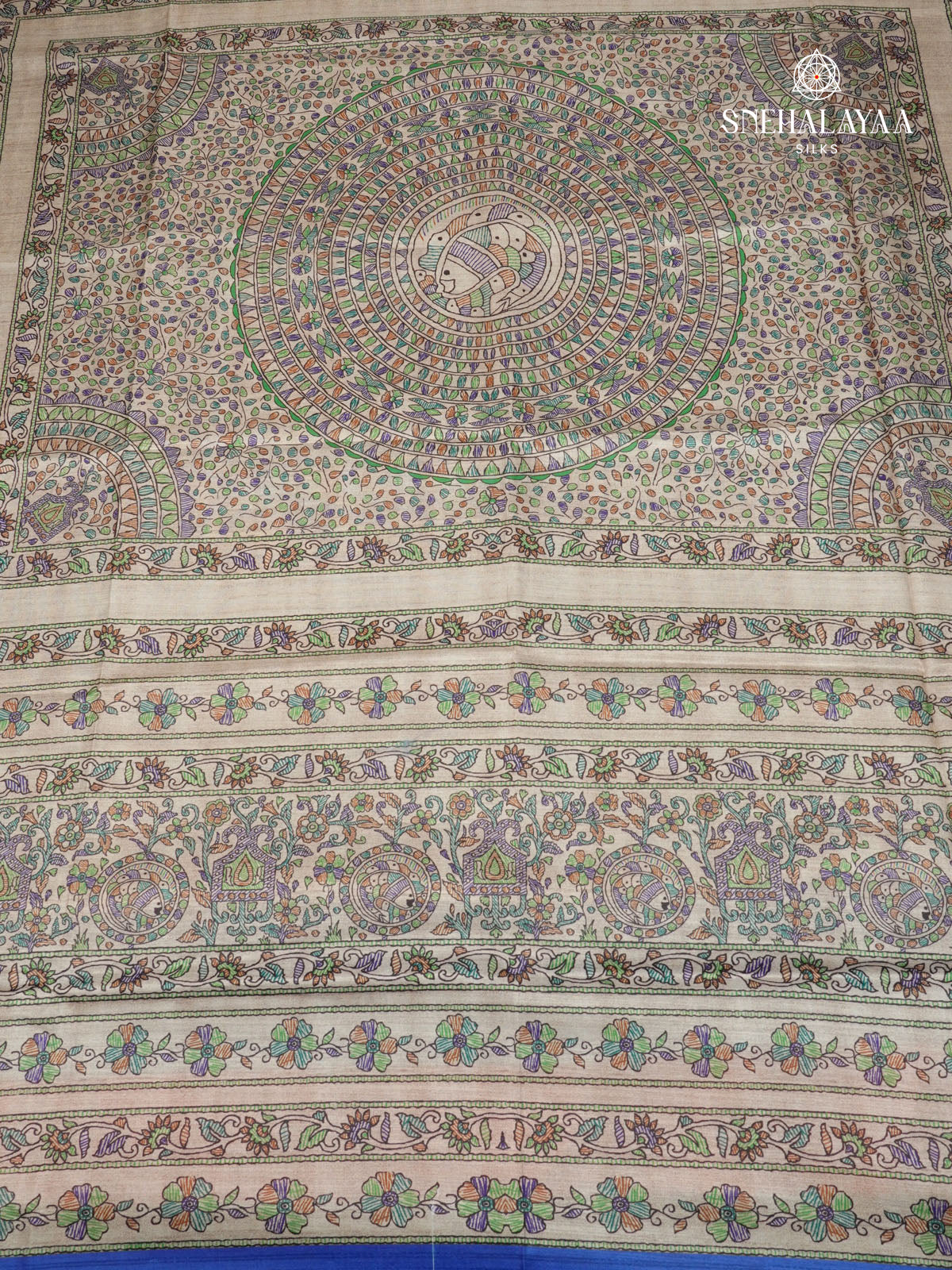 Beige With Navy Blue Border Madhubani Saree