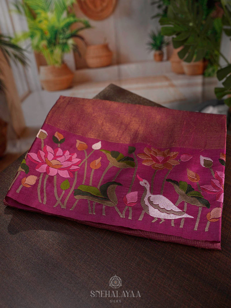 Magenta Tussar Embroidery Saree