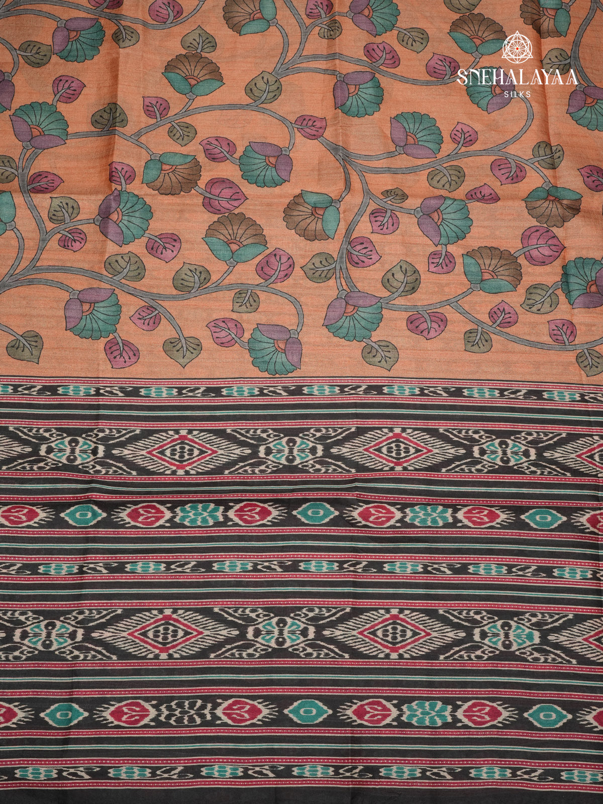 Peach Floral Printed Tussar Saree