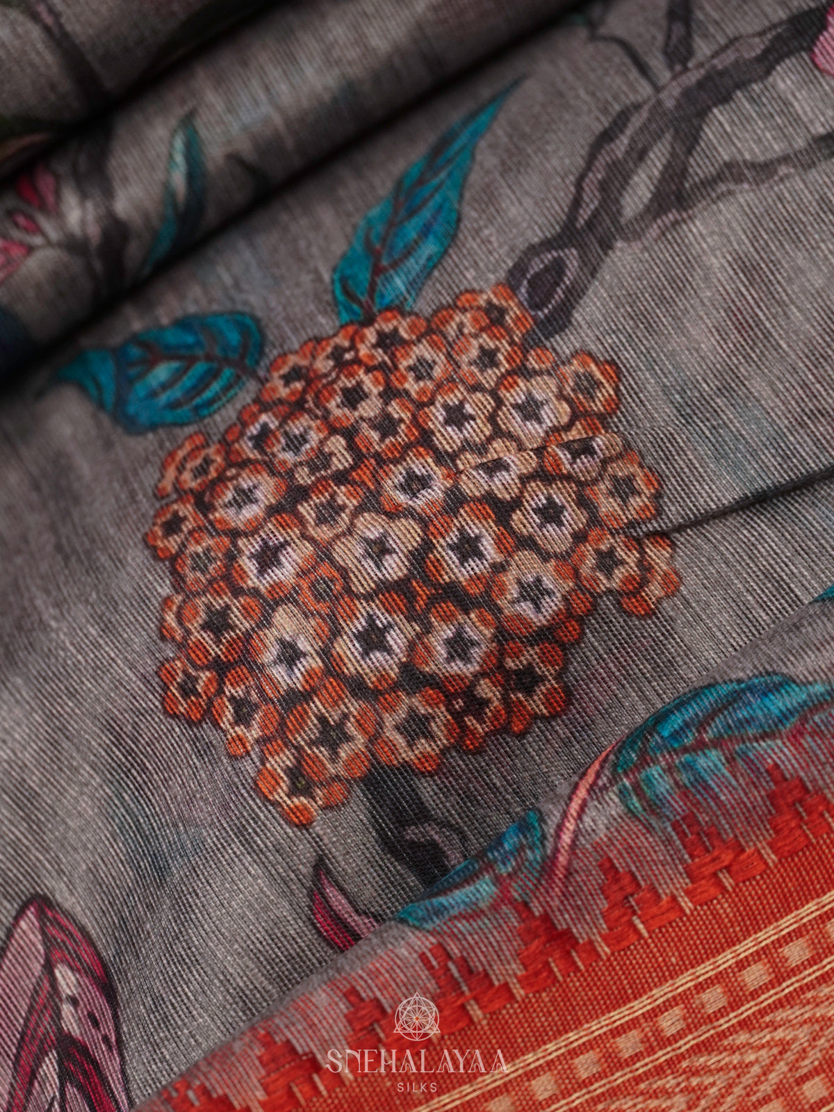 Grey Printed Linen Saree