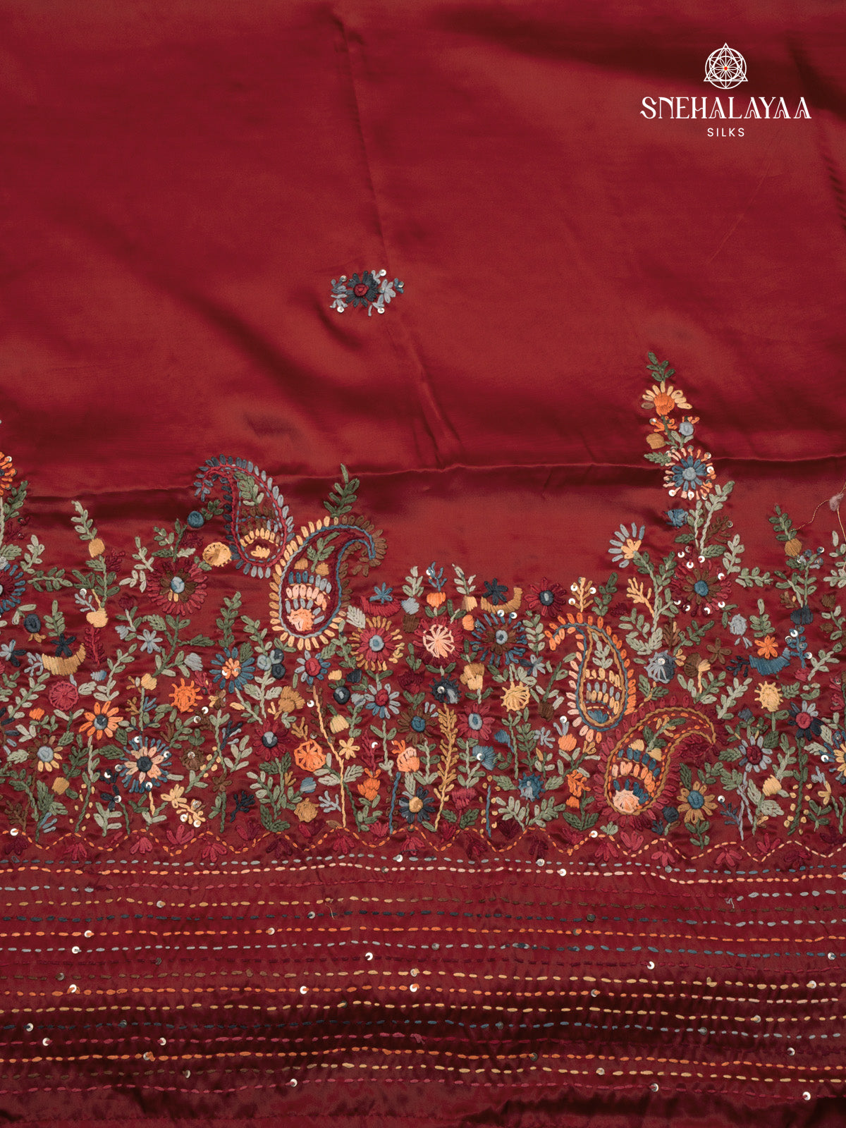 Maroon Satin Embroidery Saree