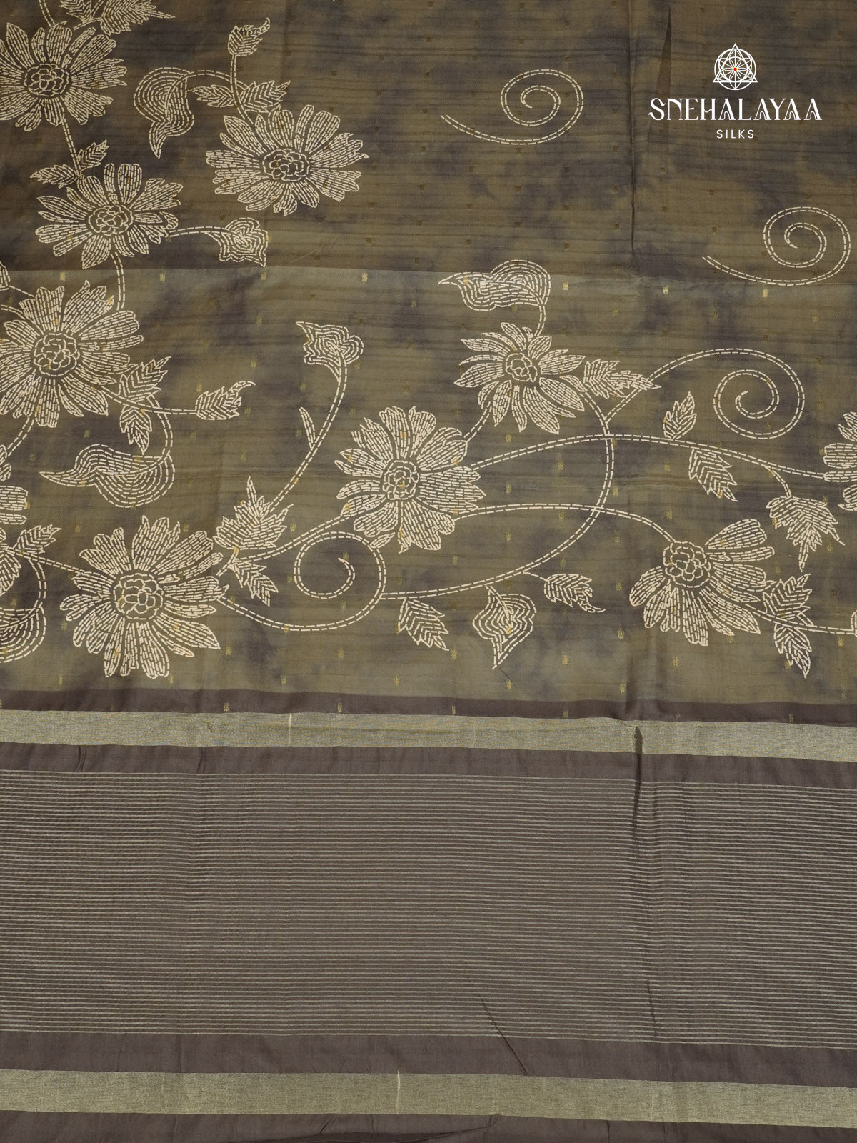 Olive Green Floral Printed Tussar Saree