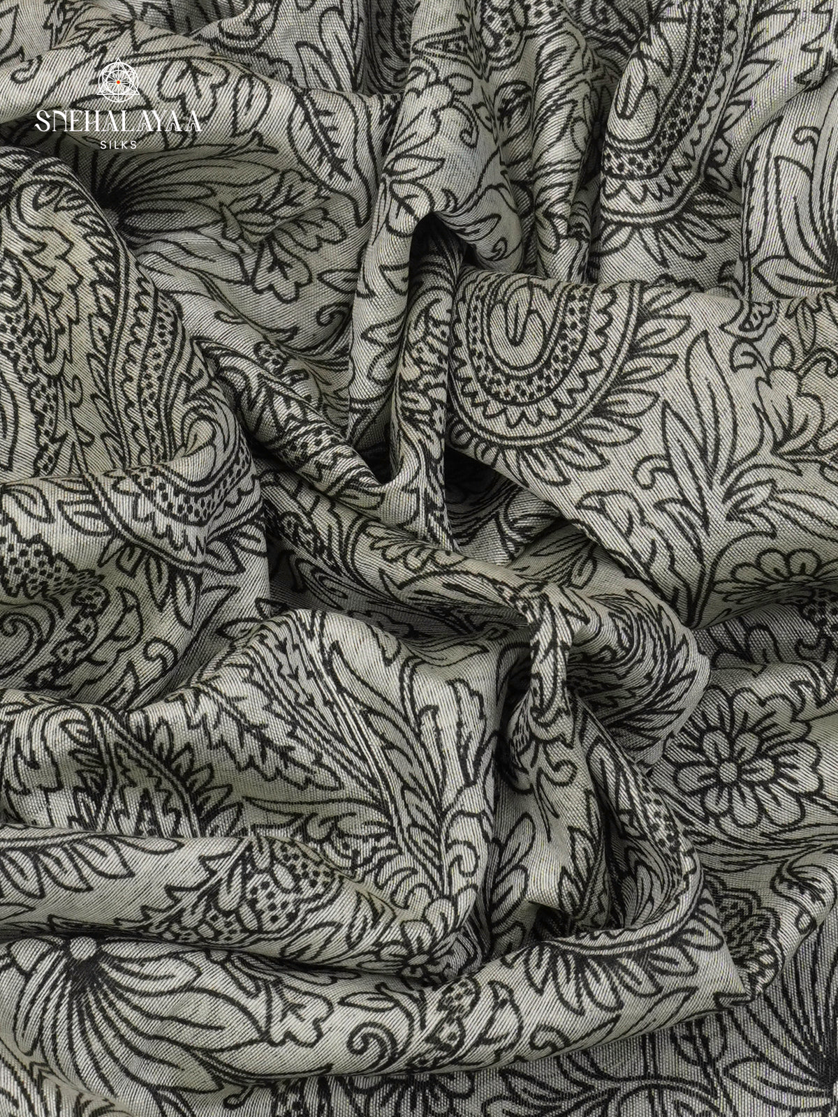 Off-White Kalamkari Saree with Blue Woven Border