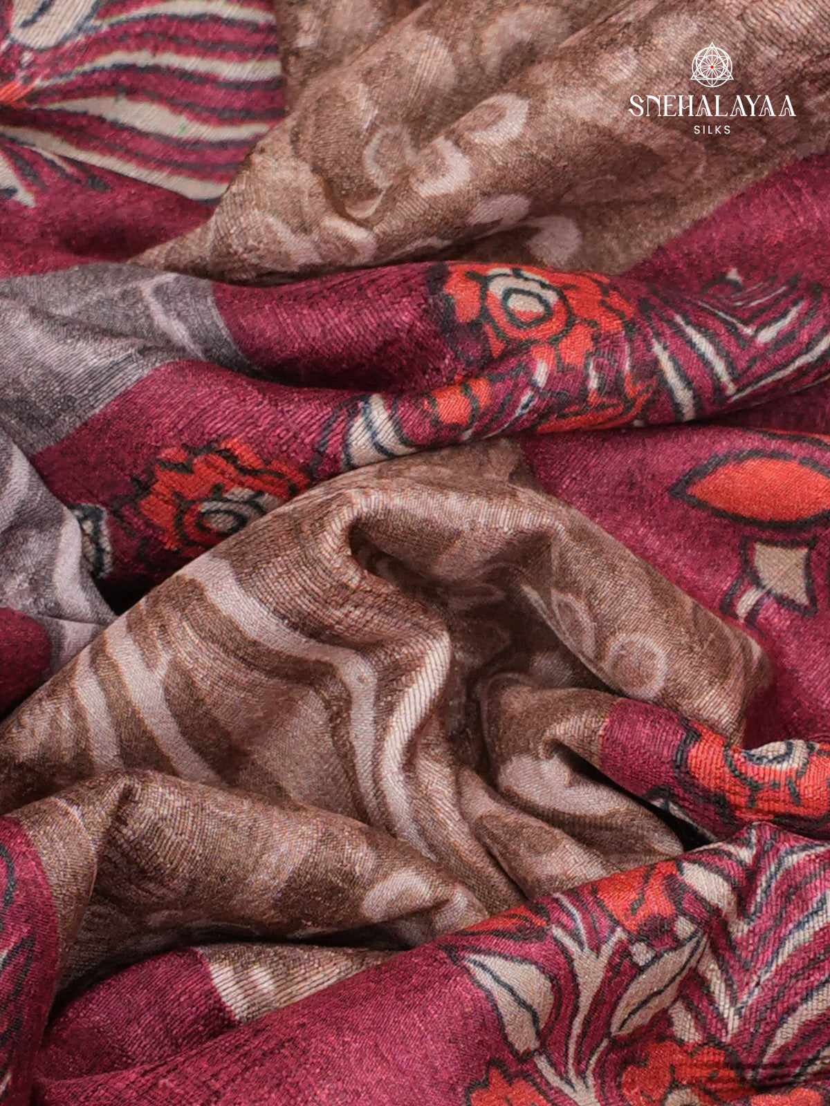 Burdundy Floral Printed Tussar Saree