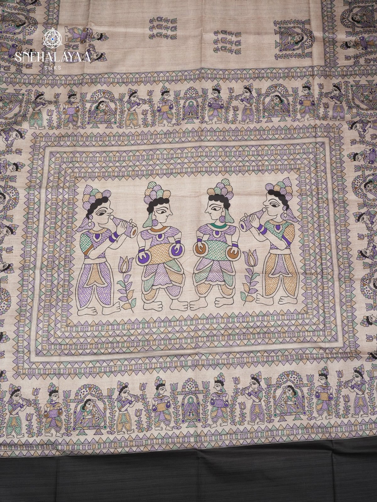 Beige with Black Border Madhubani Saree