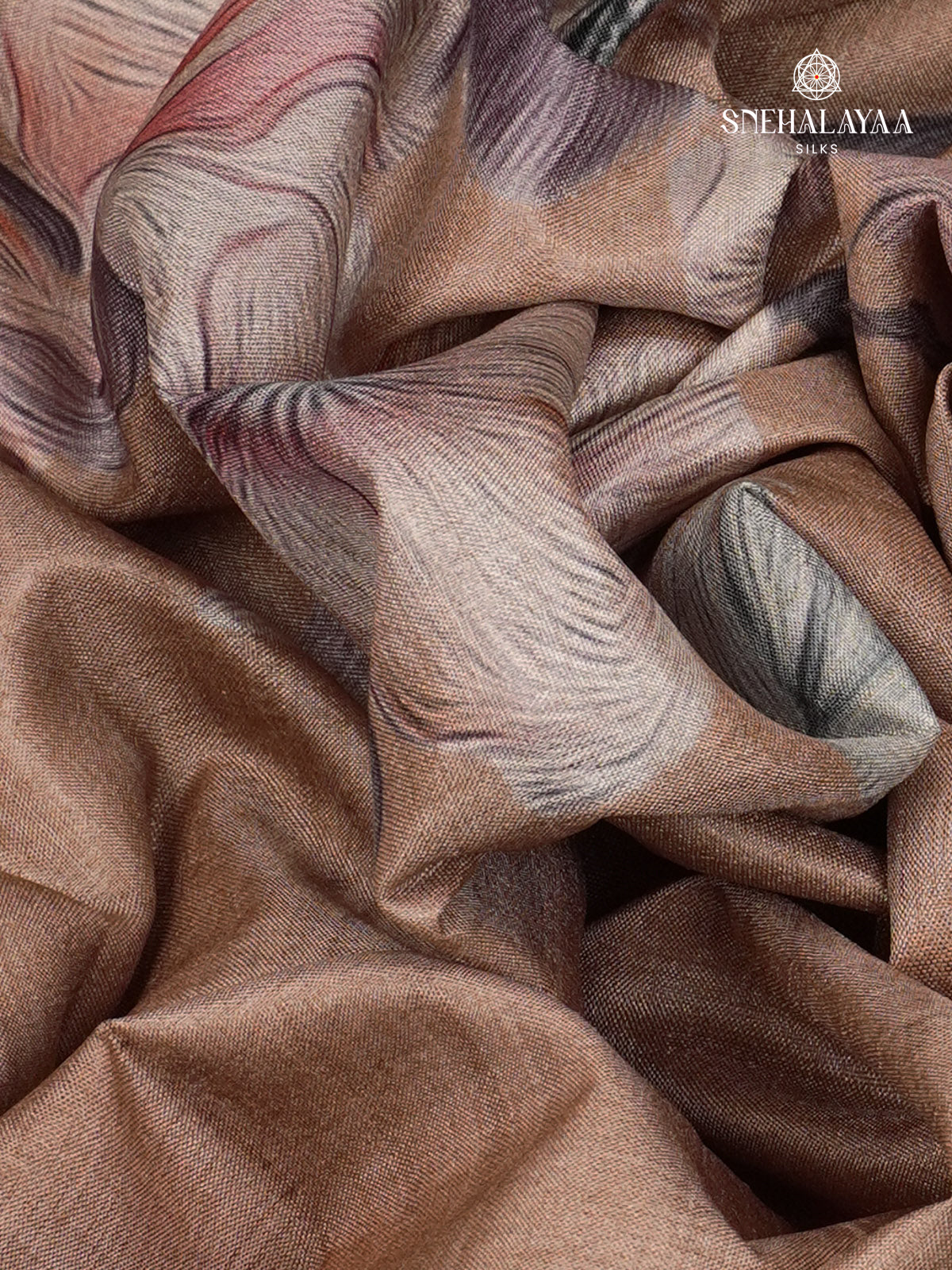 Brown Floral Printed Tussar Saree