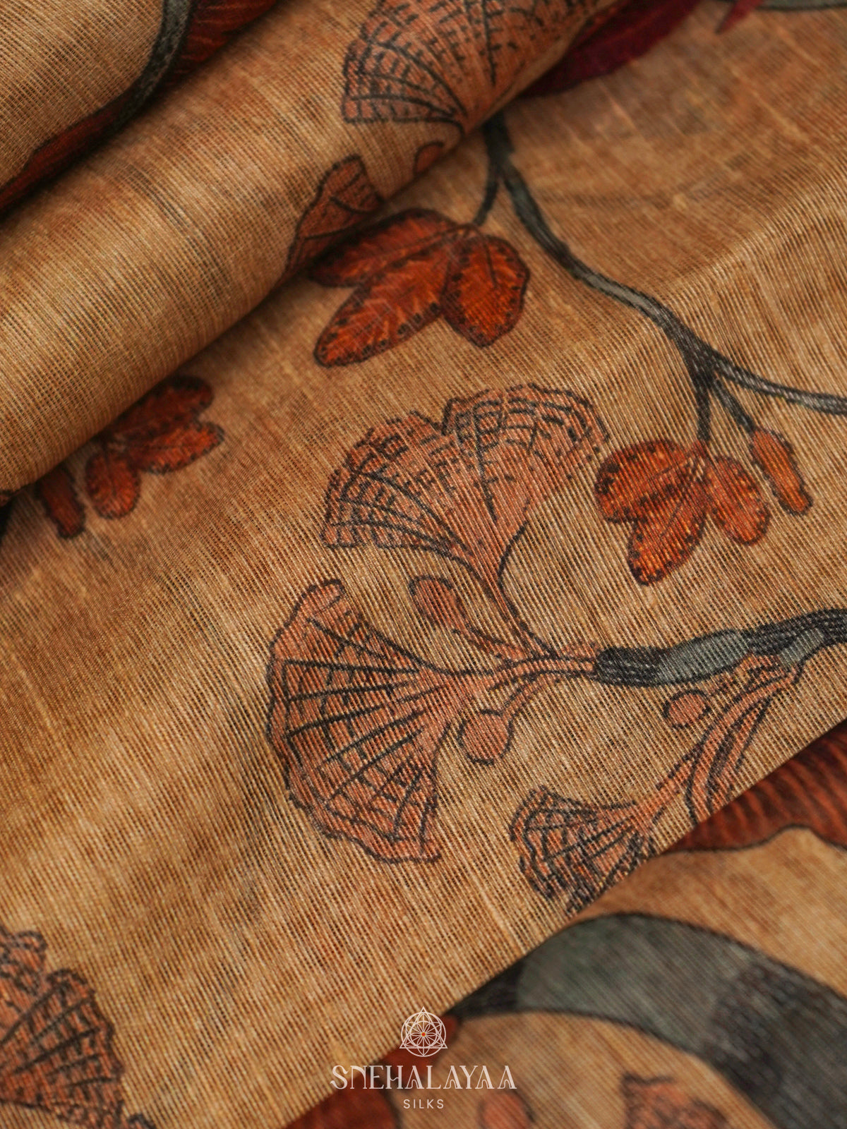 Beige Printed Linen Saree