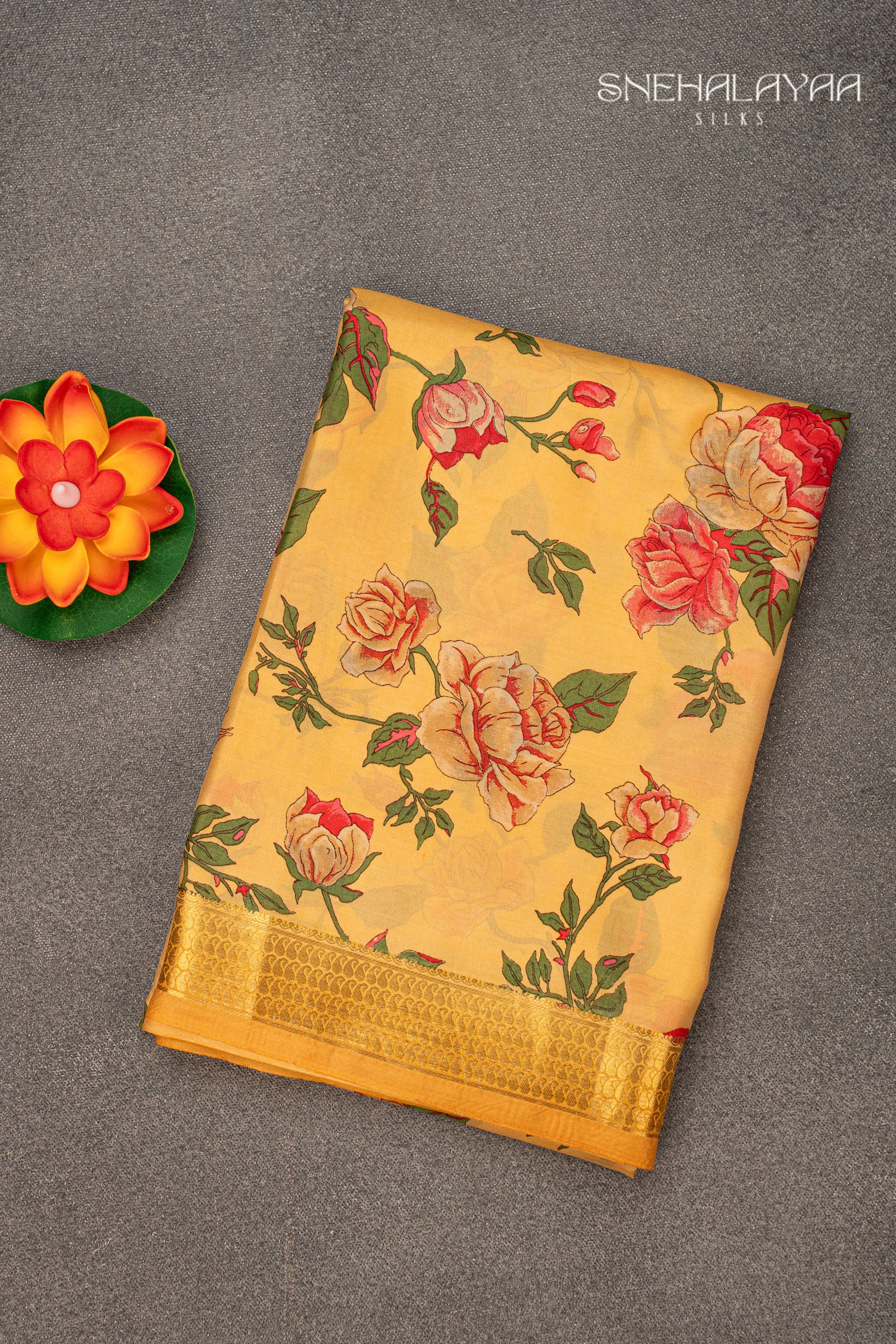 Yellow Printed Mysore Silk Saree