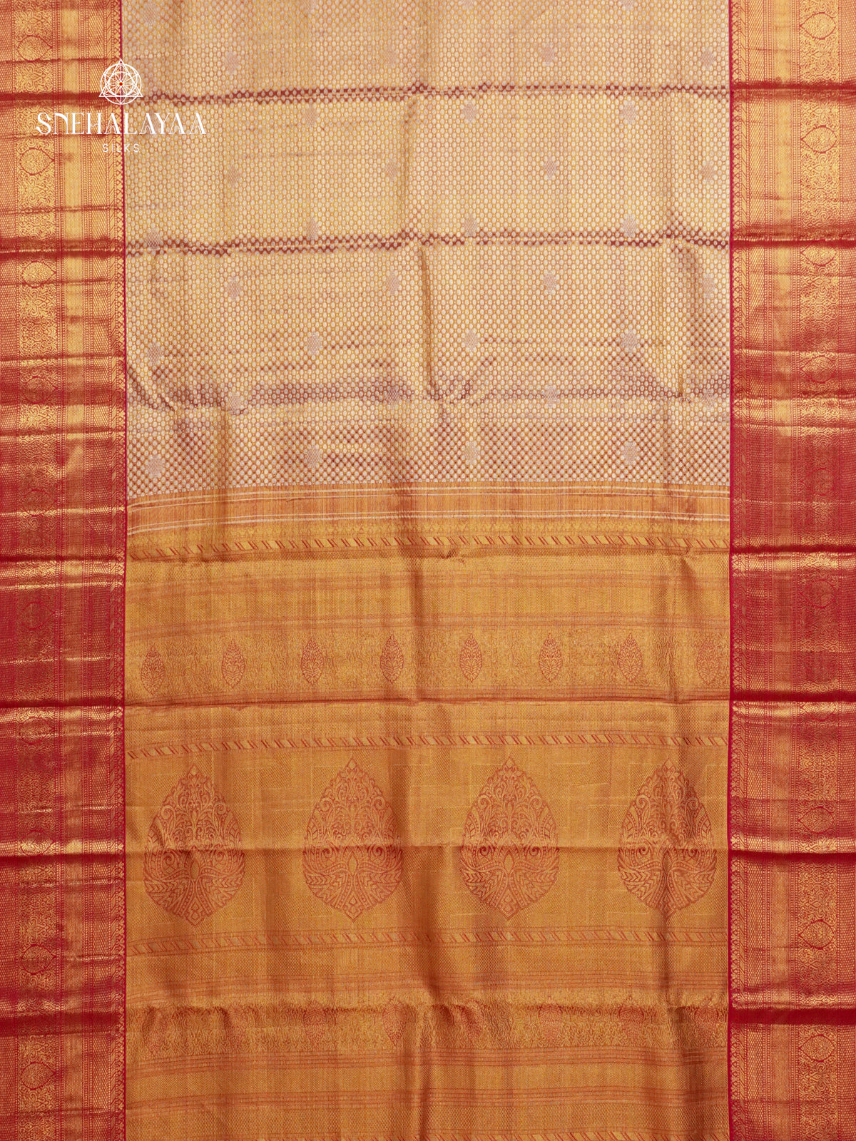Golden Beige Pure Kanchipuram Silk Saree with Red Zari Border