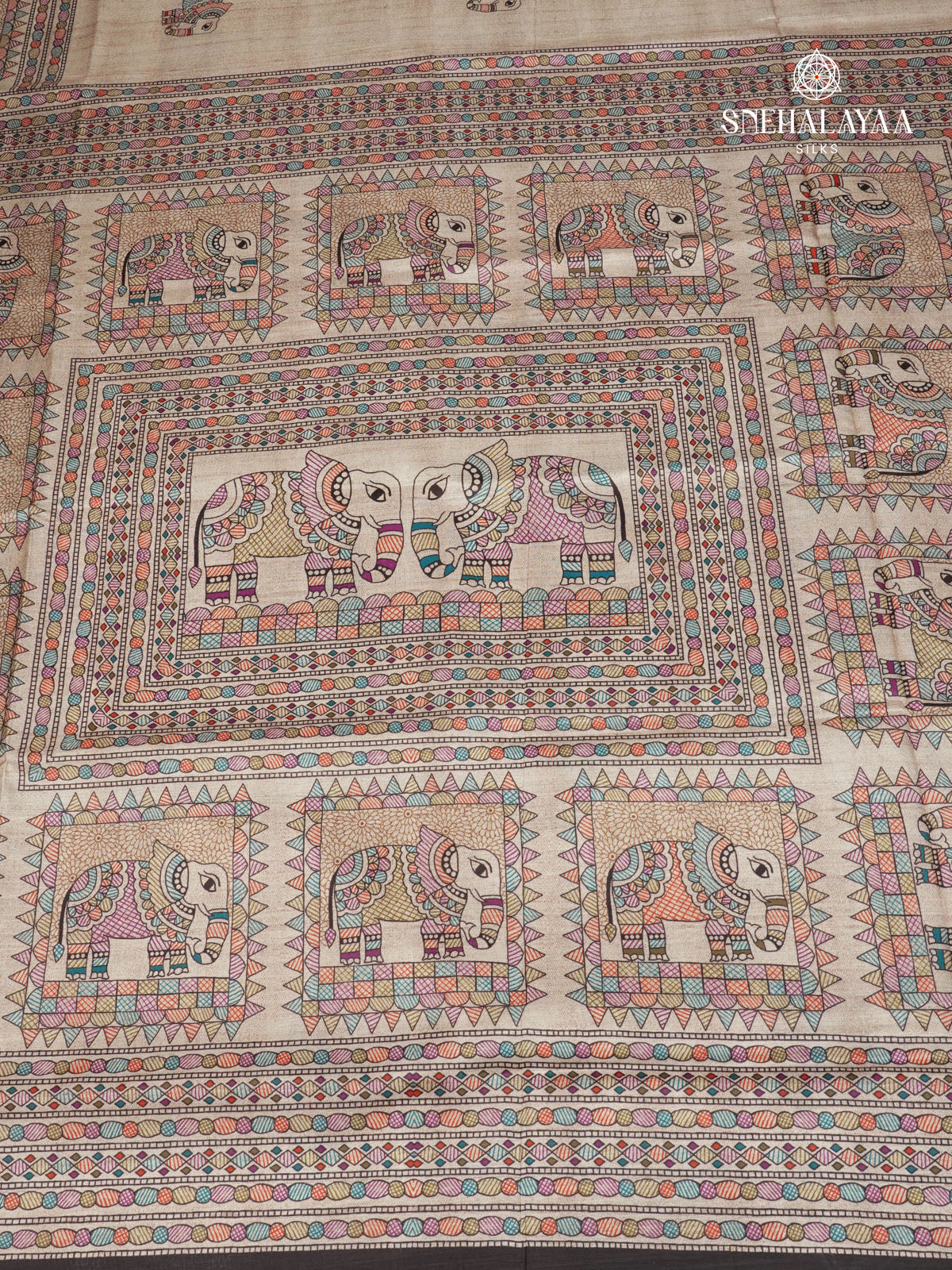 Beige With Black Border Madhubani Saree