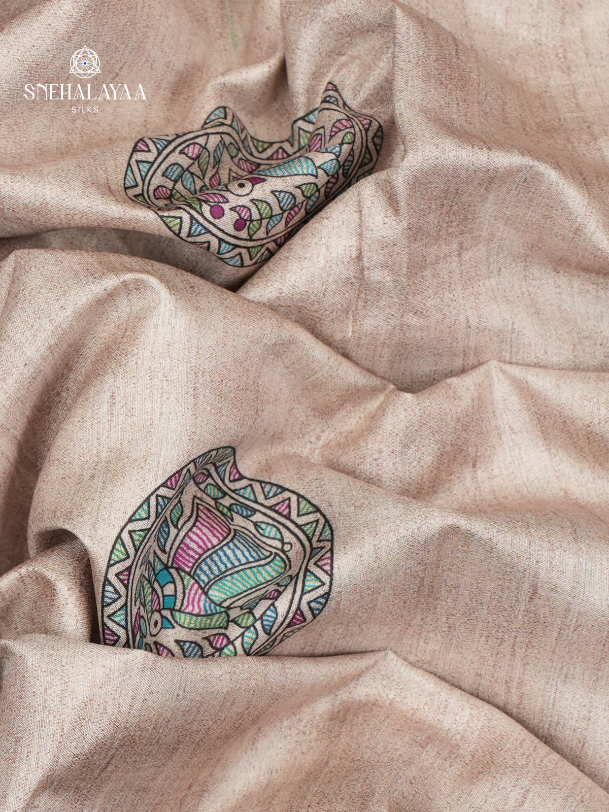 Beige with Green Border Madhubani Saree