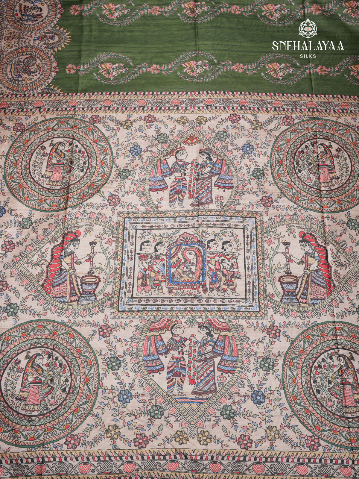 Green Madhubani Printed Saree