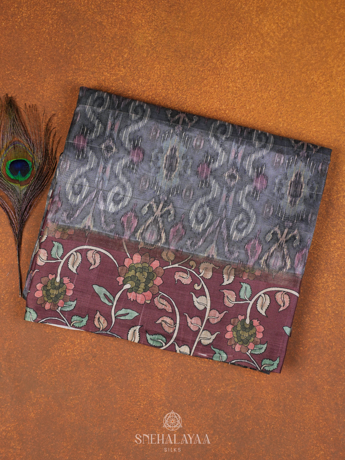 Grey with Brown Floral Border Tussar Saree