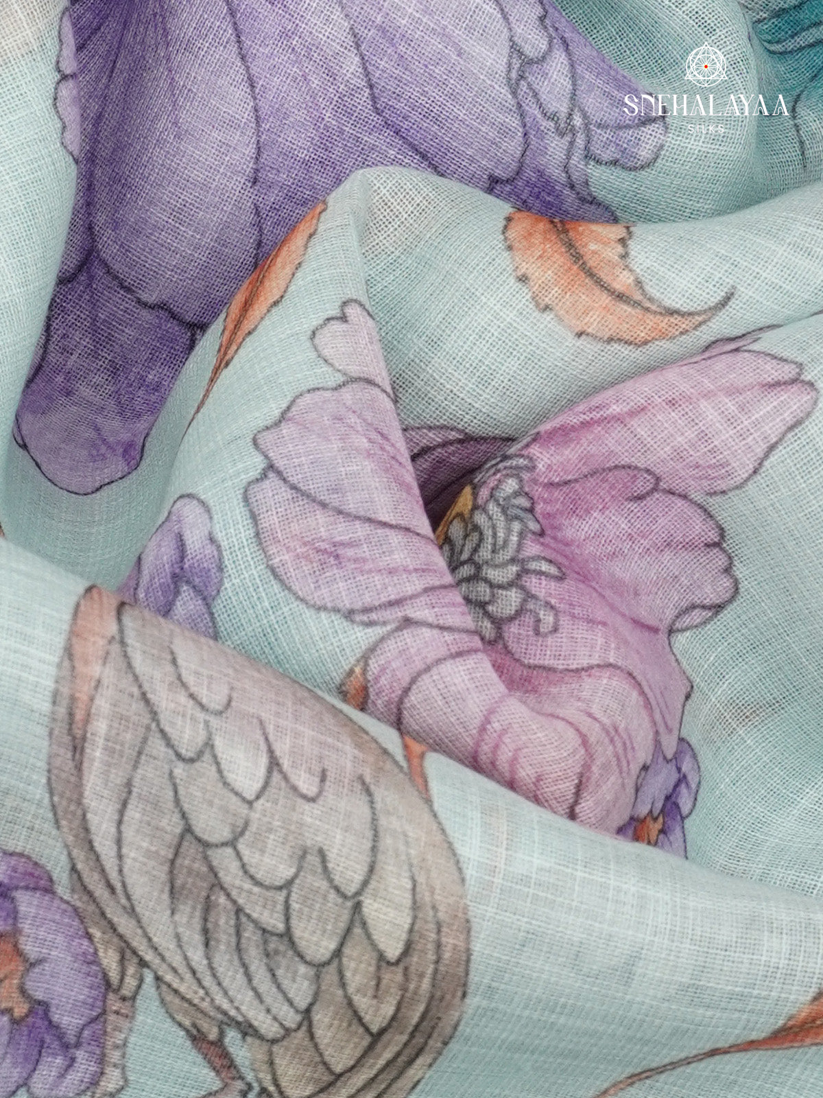 Pastel Blue Printed Linen Saree