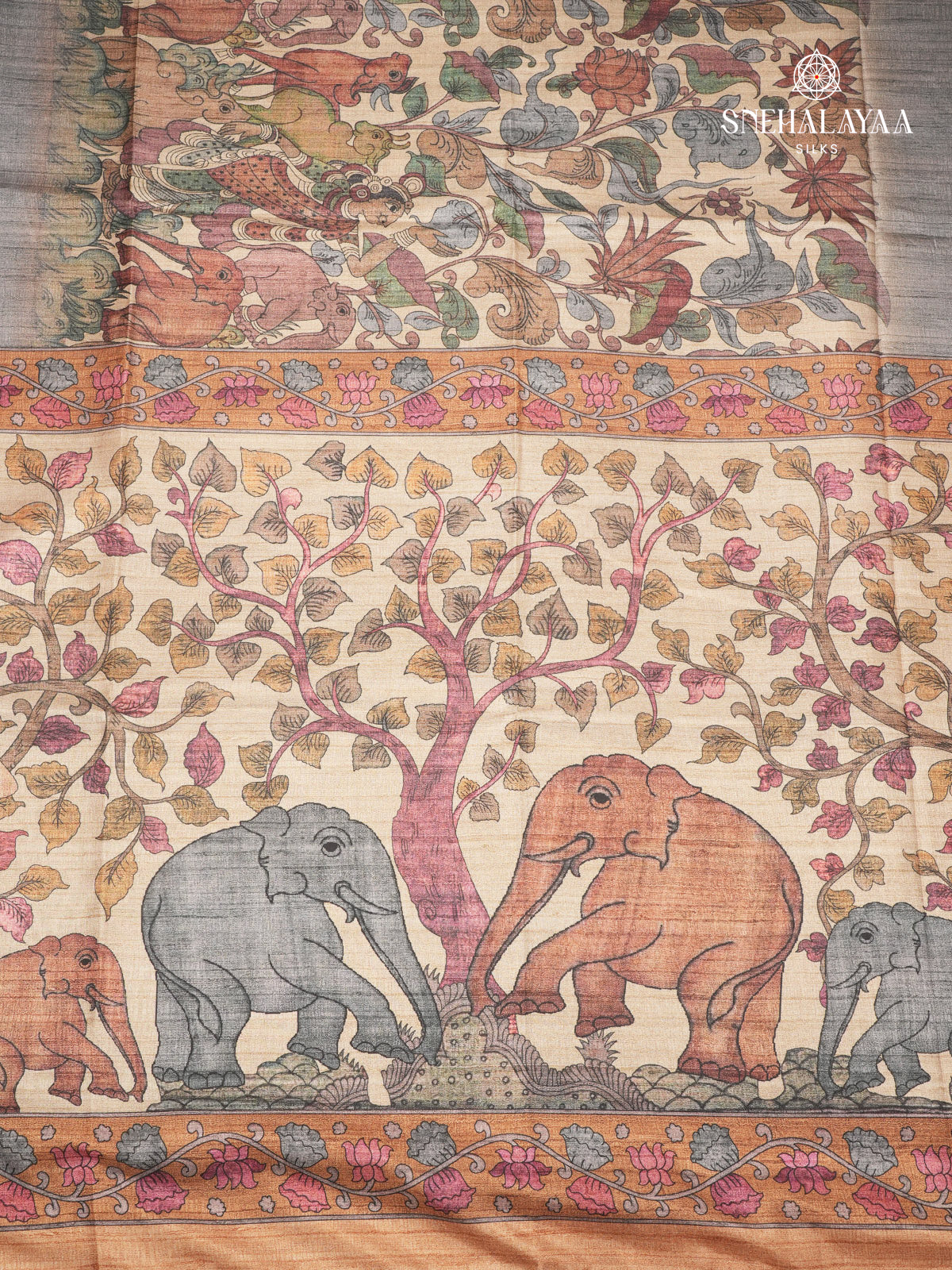 Beige With Grey Border Kalamkari Tussar Saree