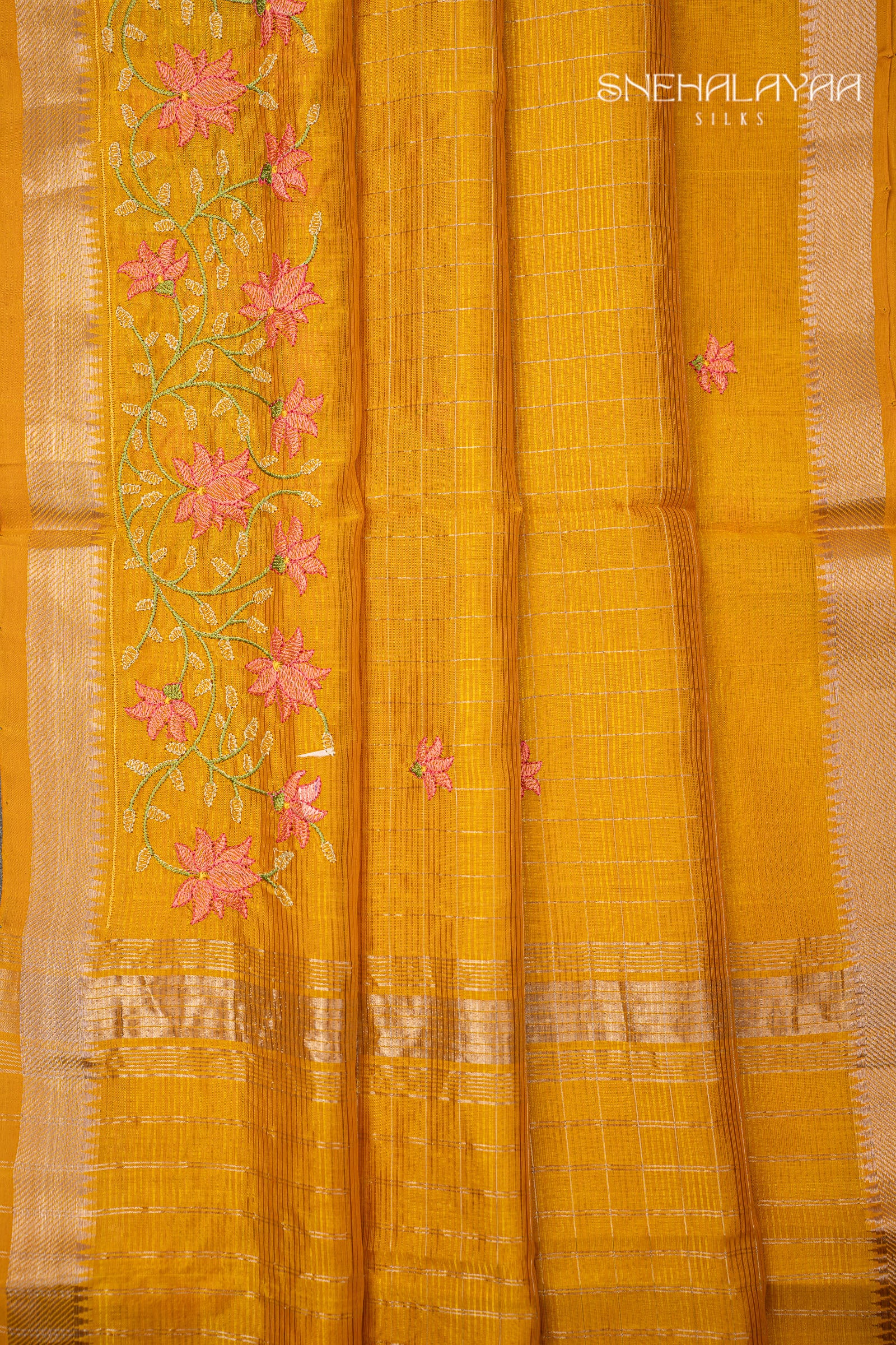 Mustard Yellow Mangalgiri Embroidery Saree