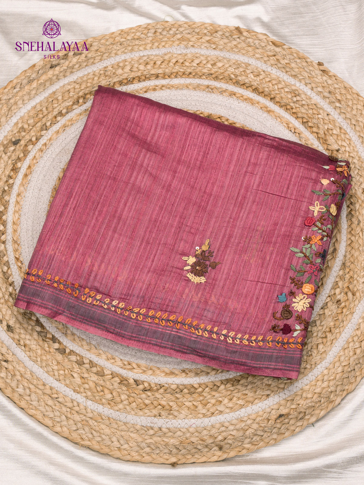 Pale Magenta Raw Silk Embroidery Saree