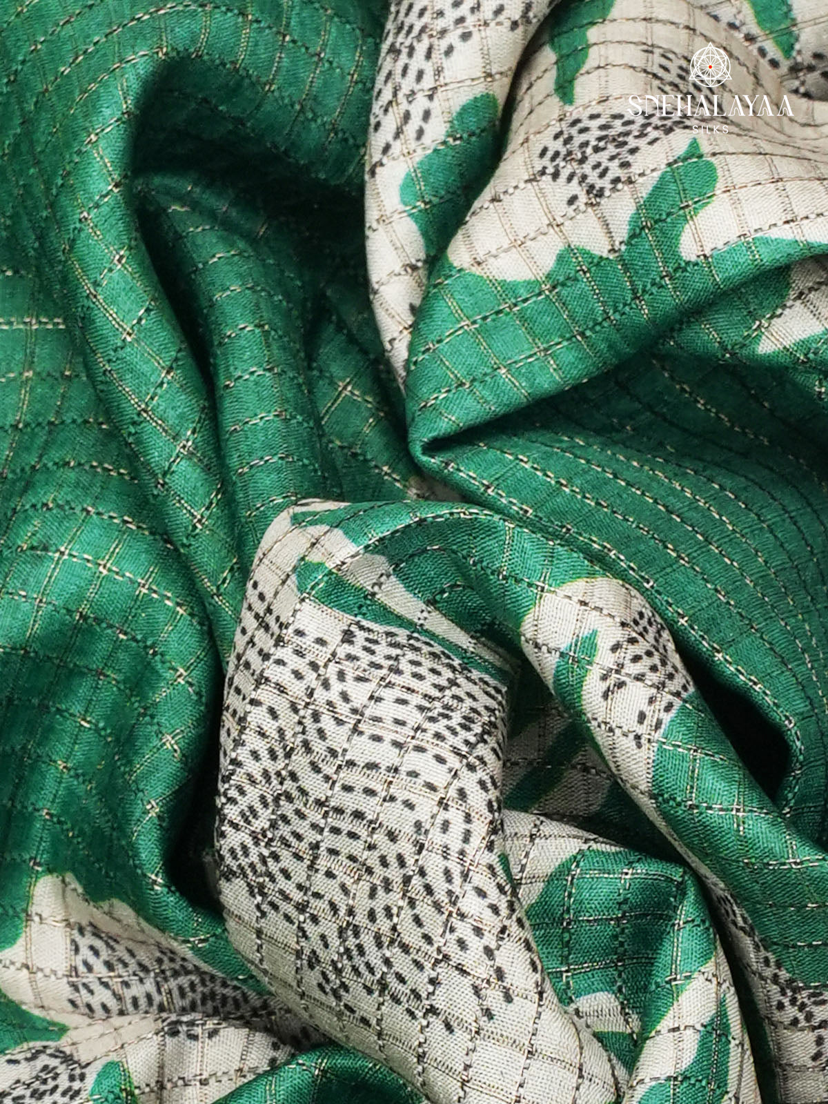 Emerald Green Floral Printed Tussar Saree