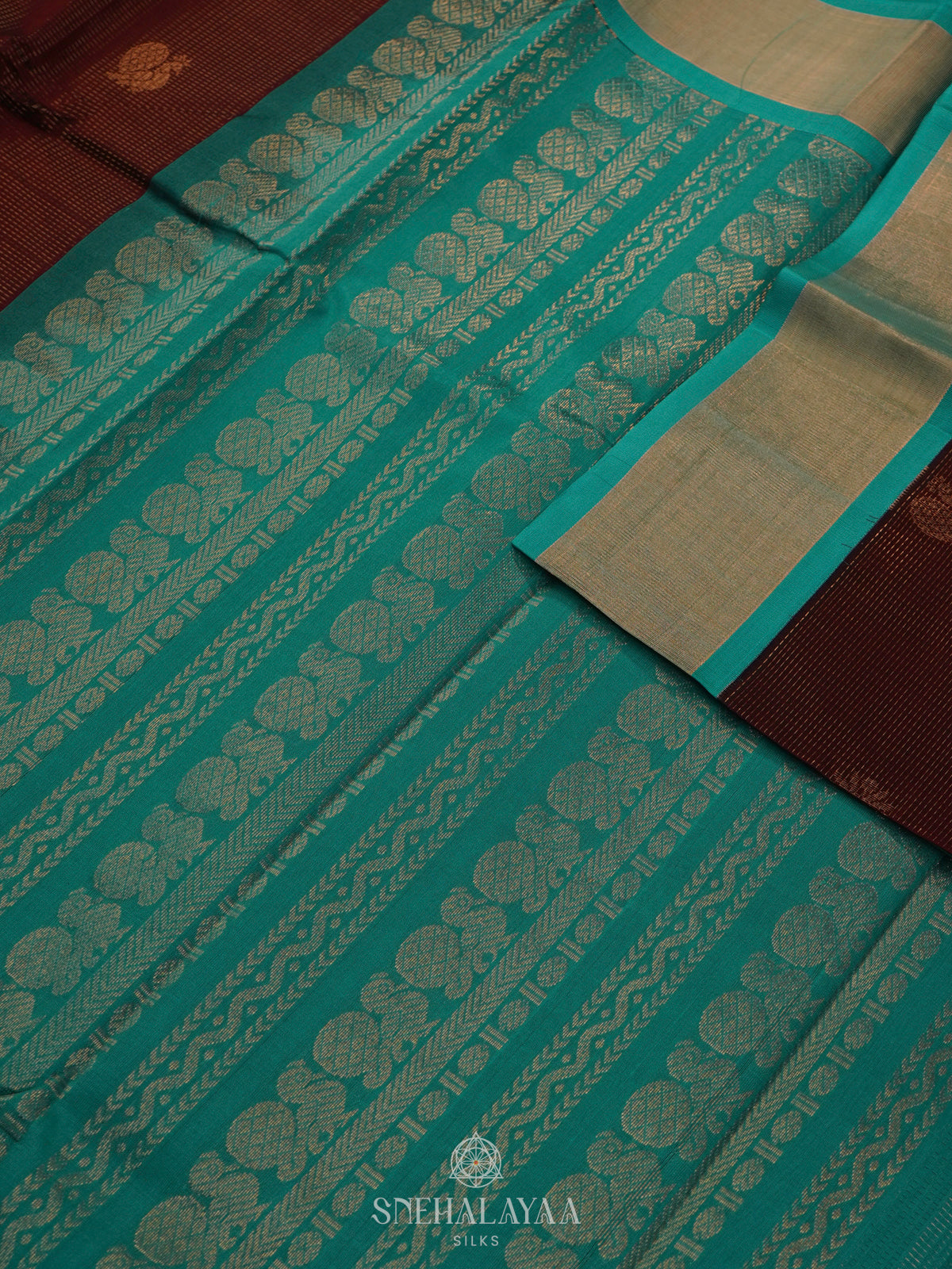 Maroon Kuppadam Silk Cotton Saree with Sky Blue Border