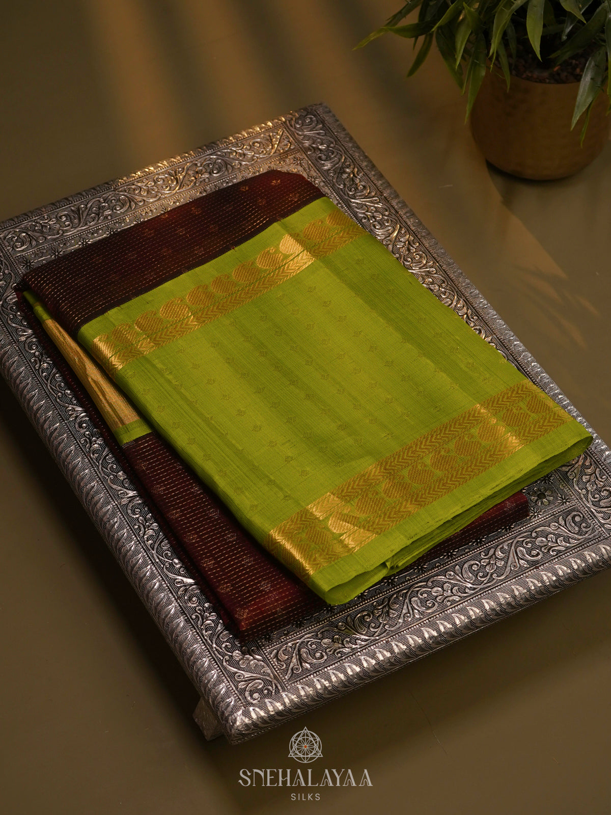 Burgundy Kuppadam Silk Cotton Saree with Lime Green Border