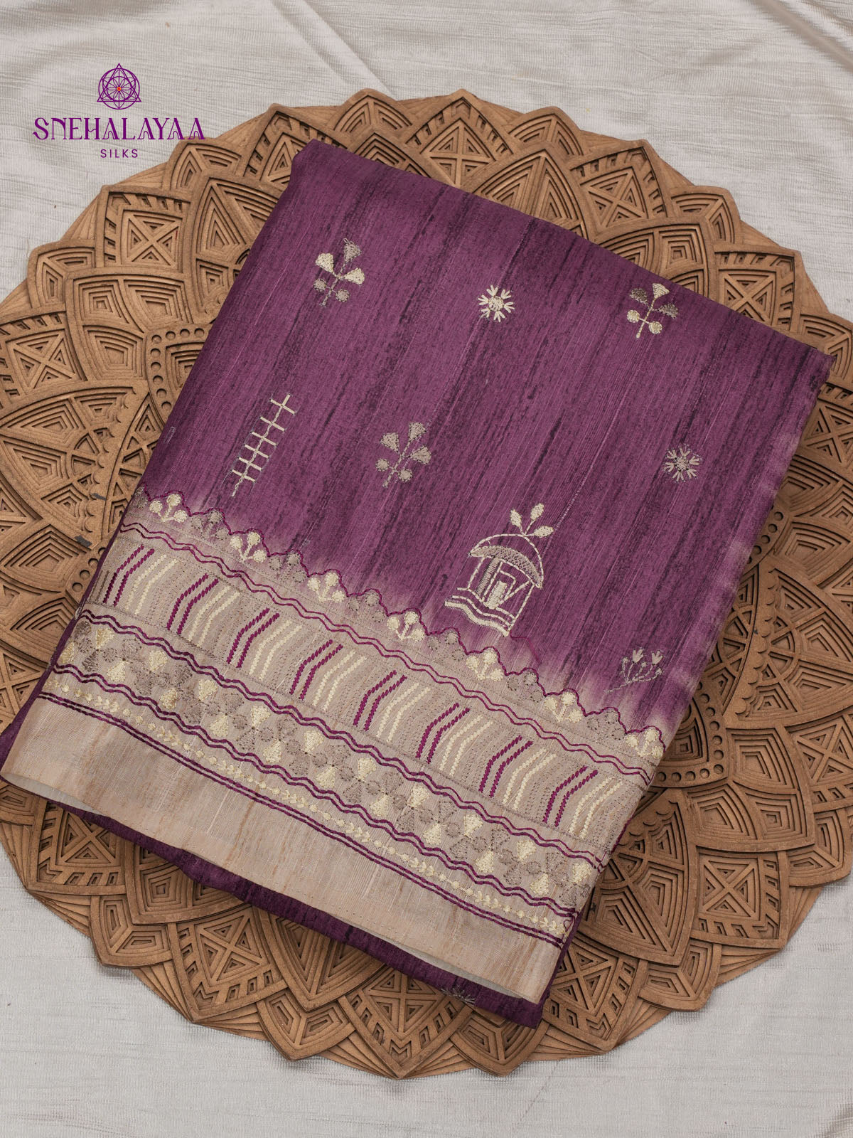 Purple Tussar Embroidery Saree