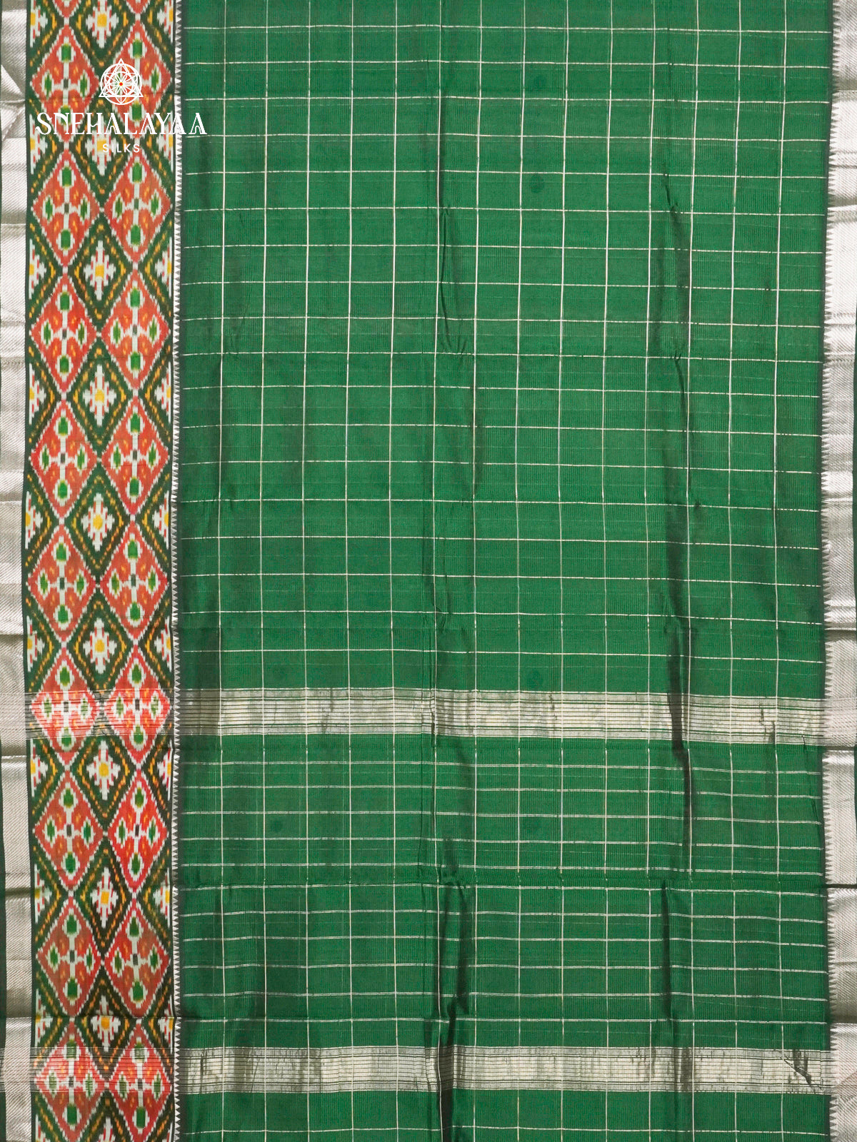 Bottle Green Mangalagiri Silk Cotton Saree with Ikat Border