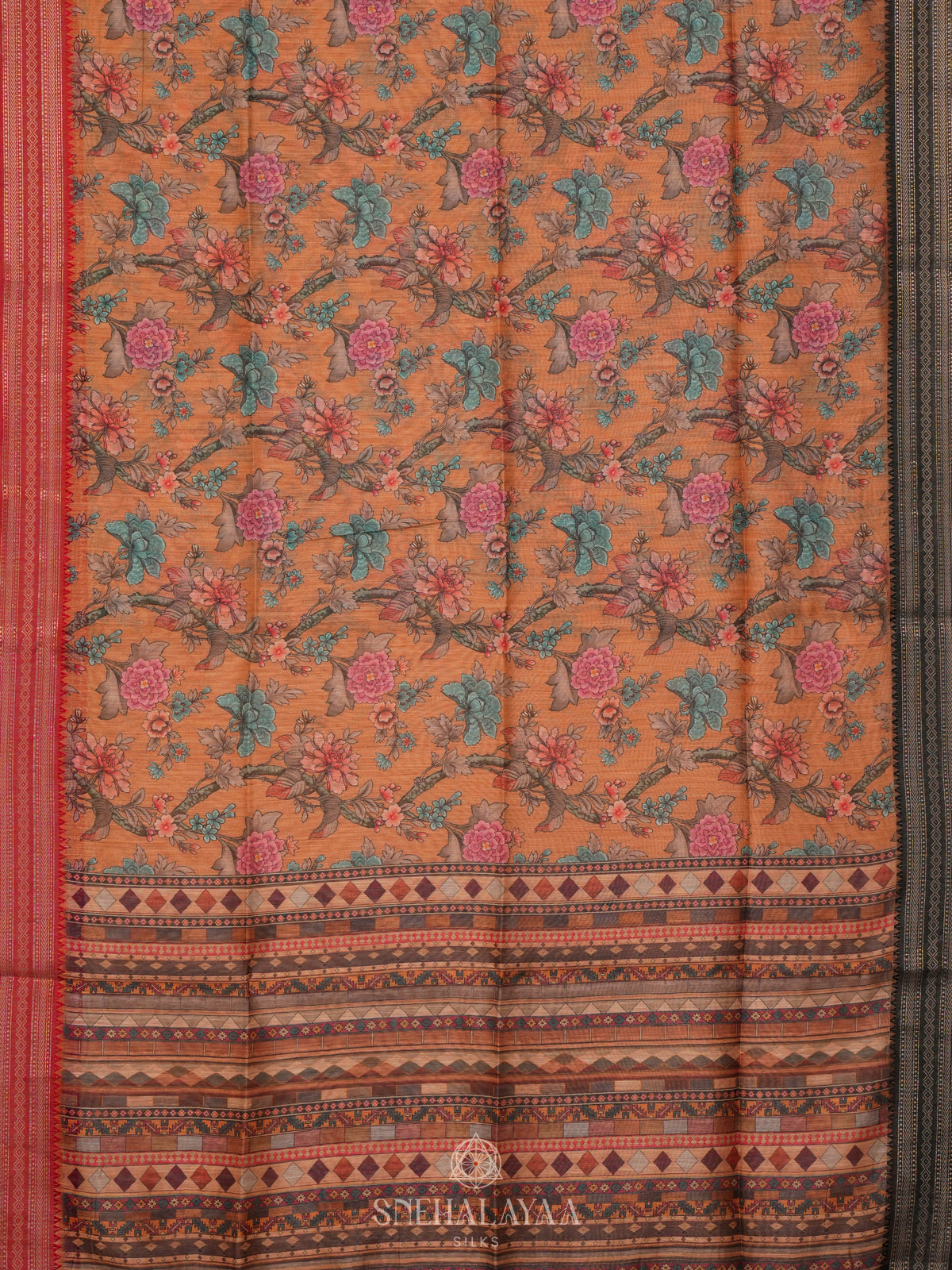 Rust Orange Printed Linen Saree