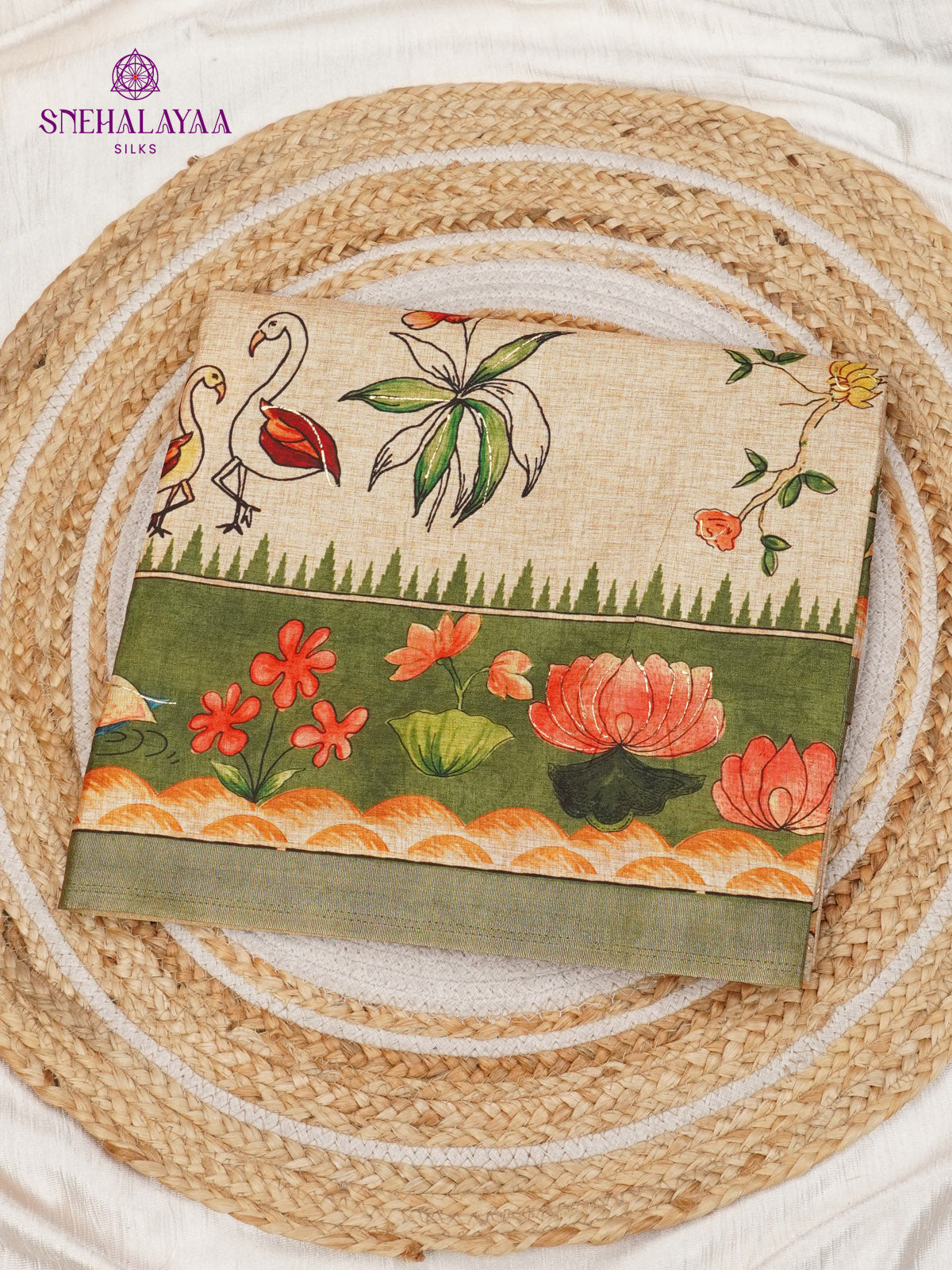 Beige With Olive Green Floral Printed Tussar Saree