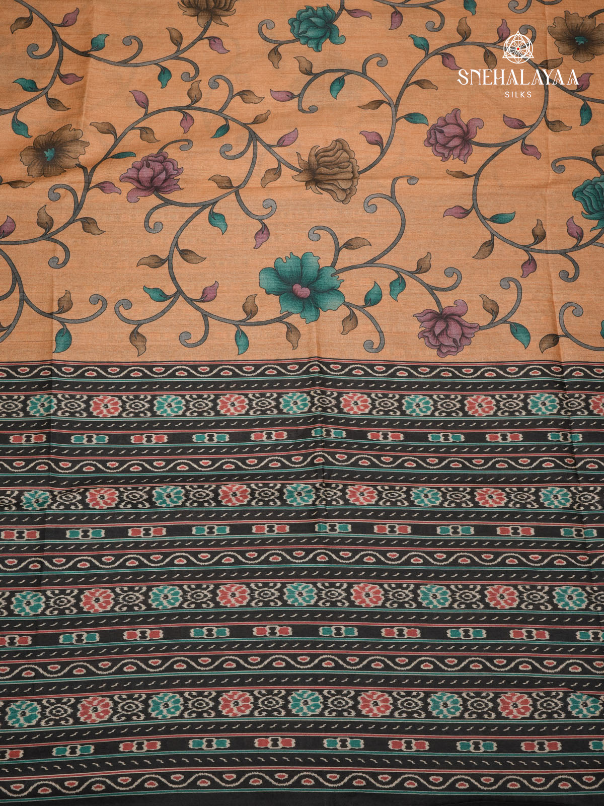 Saffron Floral Printed Tussar Saree