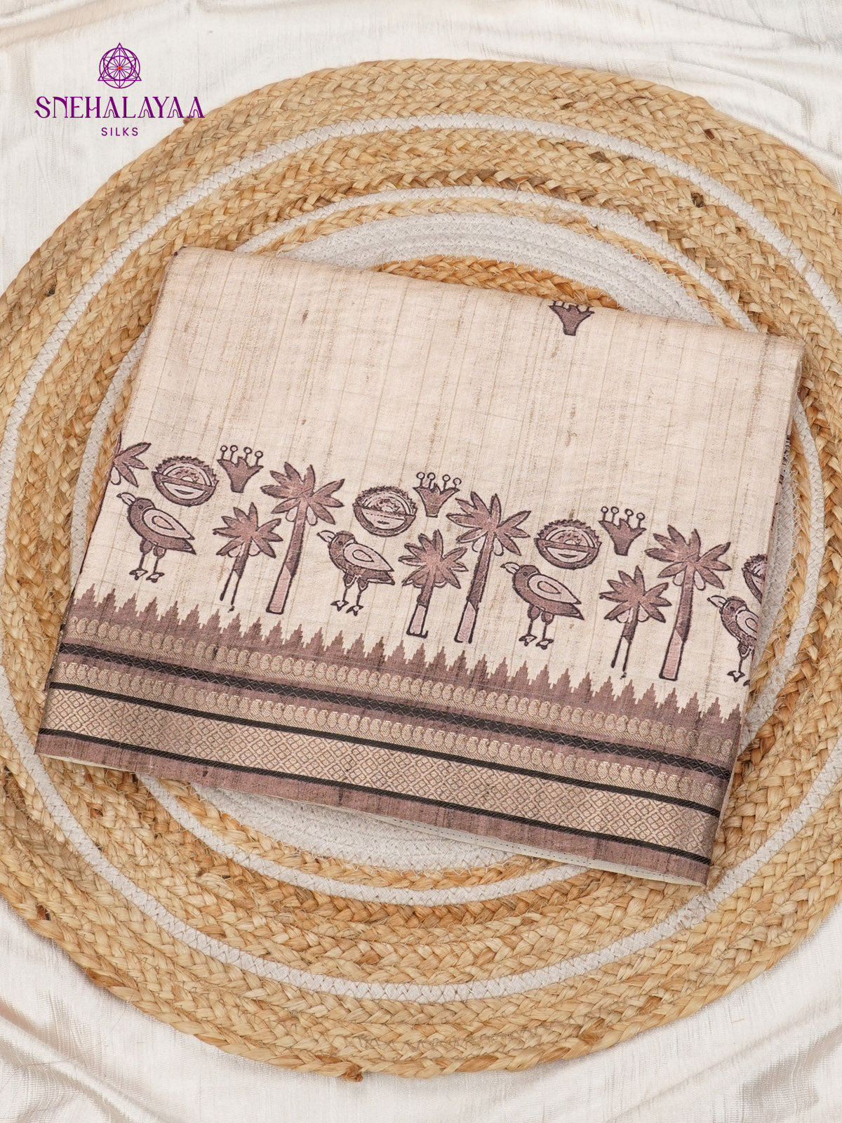 Beige With Brown Border Floral Printed Tussar Saree