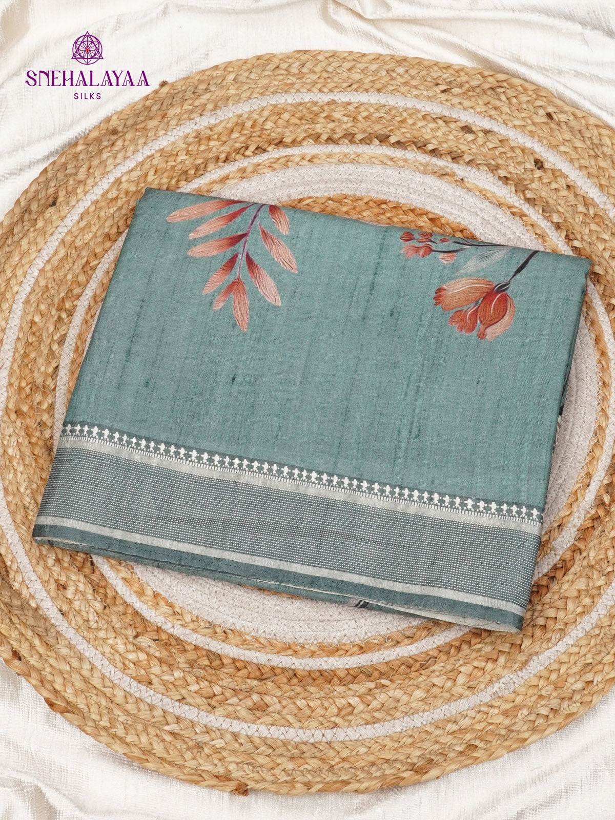 Teal Green Floral Printed Tussar Saree