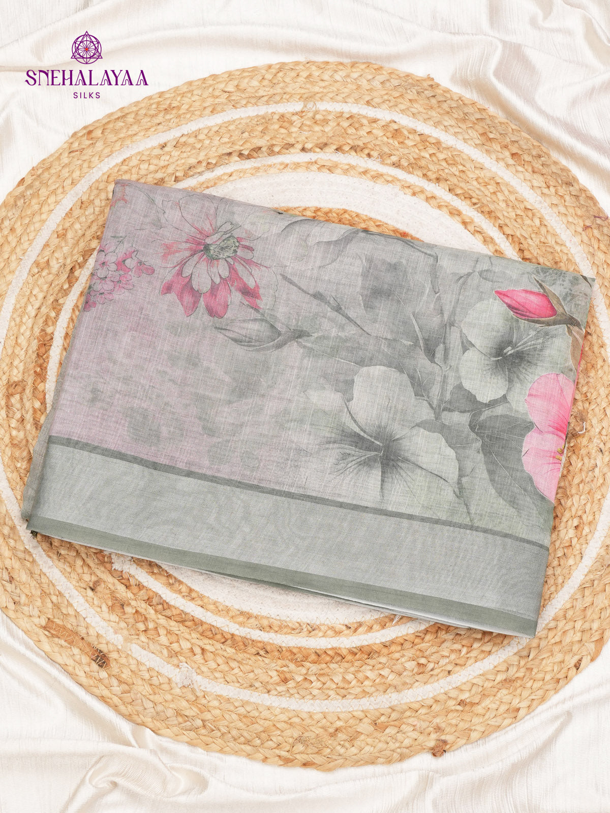 Pastel Grey Printed Linen Saree