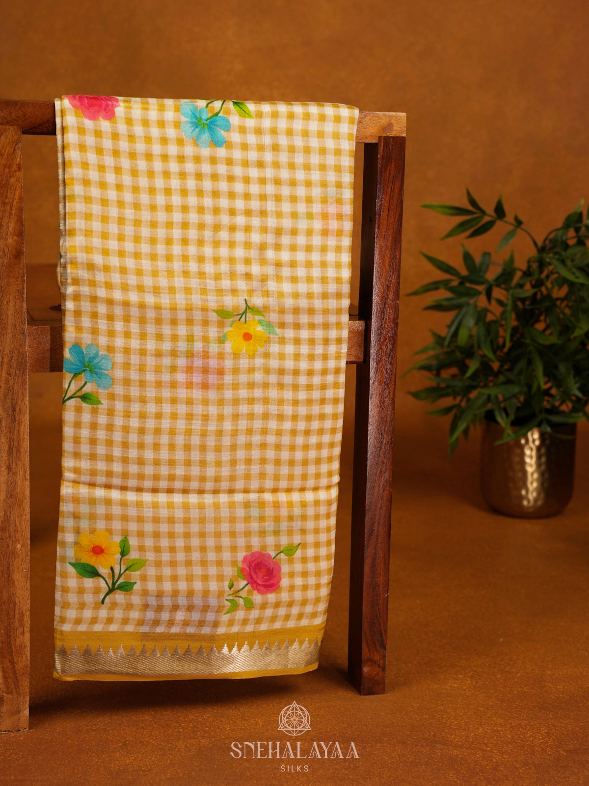 Yellow Checks Printed Mangalagiri Silk Saree