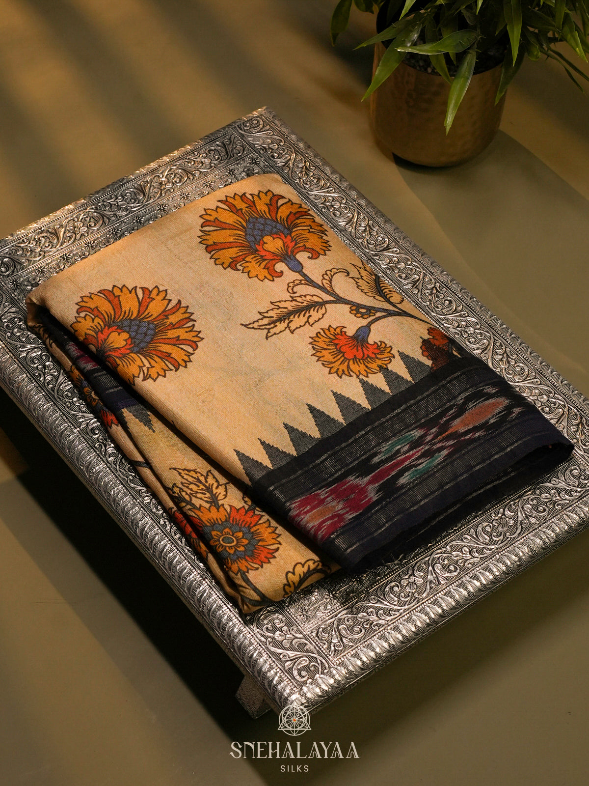 Beige Munga Tussar Saree with Black Border