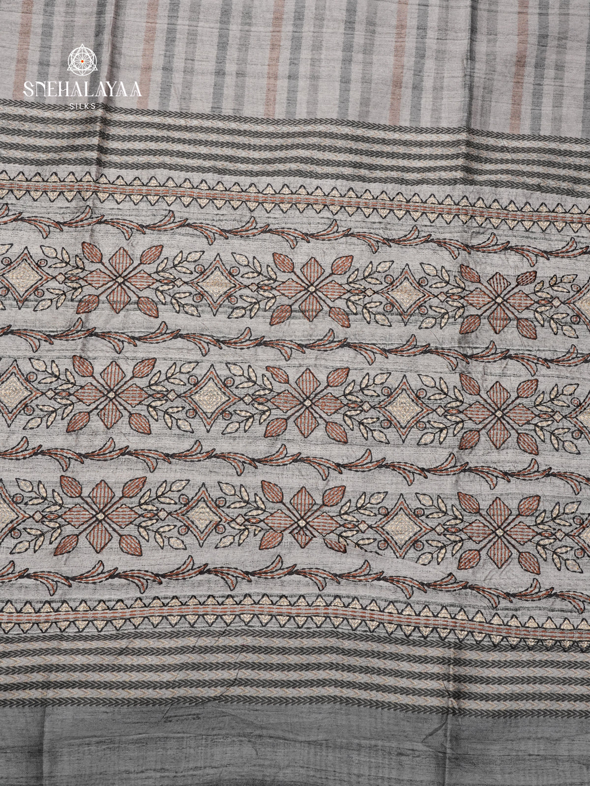 Grey Tussar Embroidery Saree