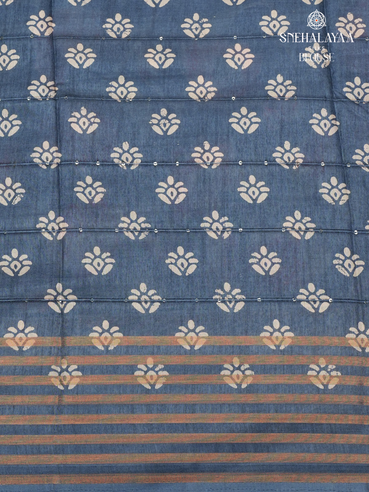 Teal Blue Floral Printed Tussar Saree