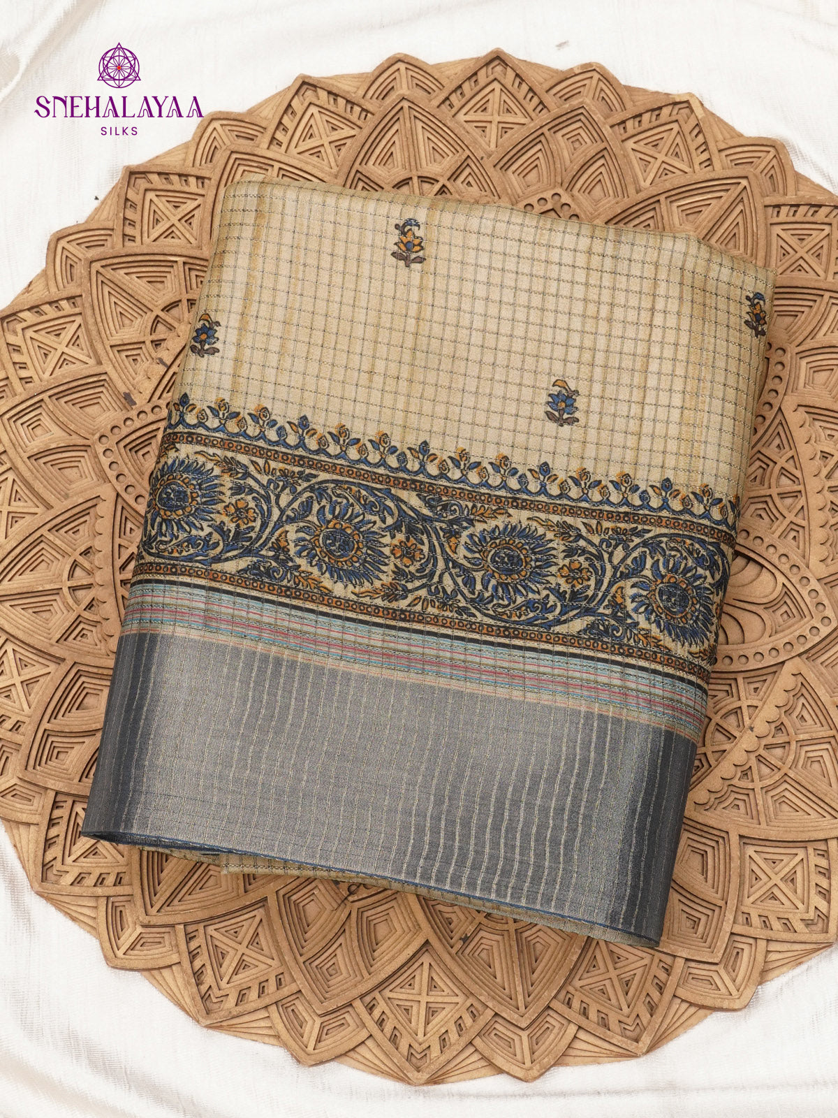 Beige Floral Printed Tussar Saree