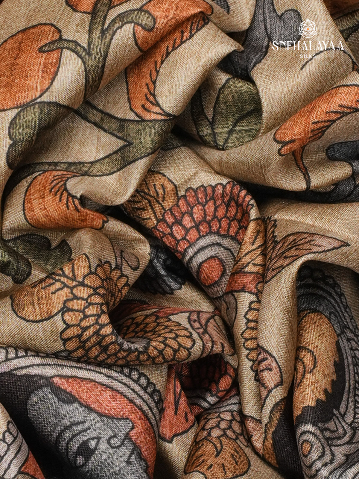 Beige With Grey Border Kalamkari Tussar Saree