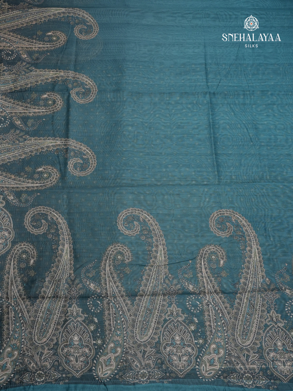 Teal Blue Printed Linen Saree