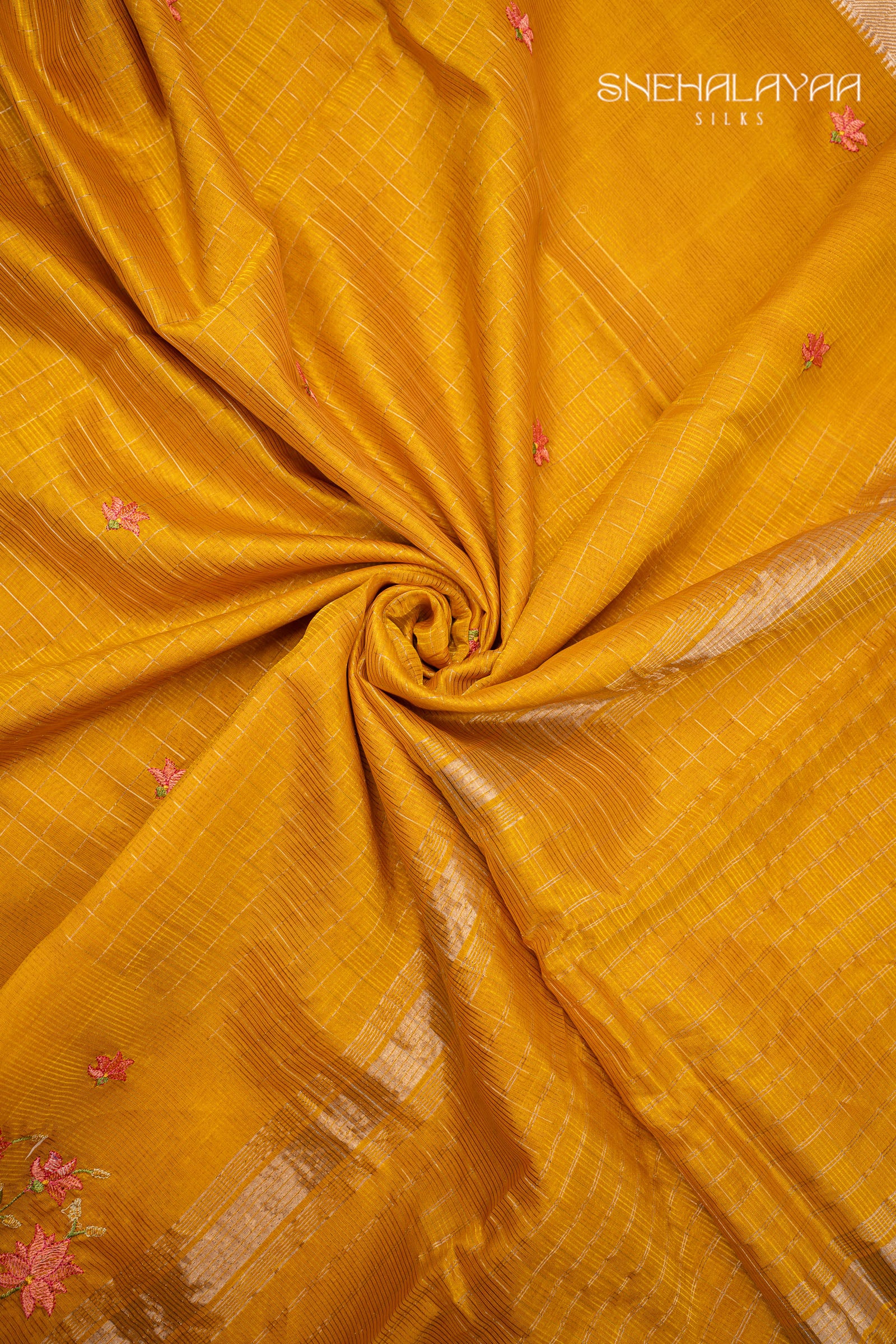 Mustard Yellow Mangalgiri Embroidery Saree