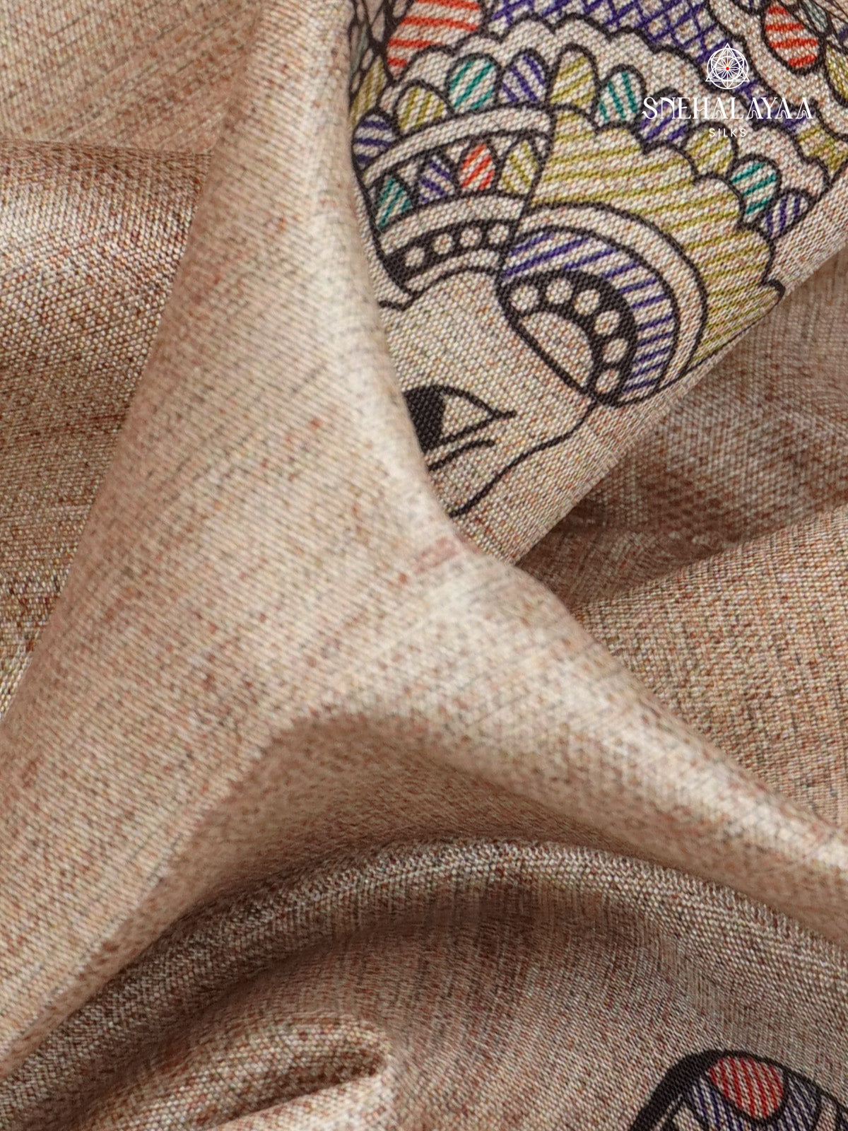 Beige With Orange Border Madhubani Saree