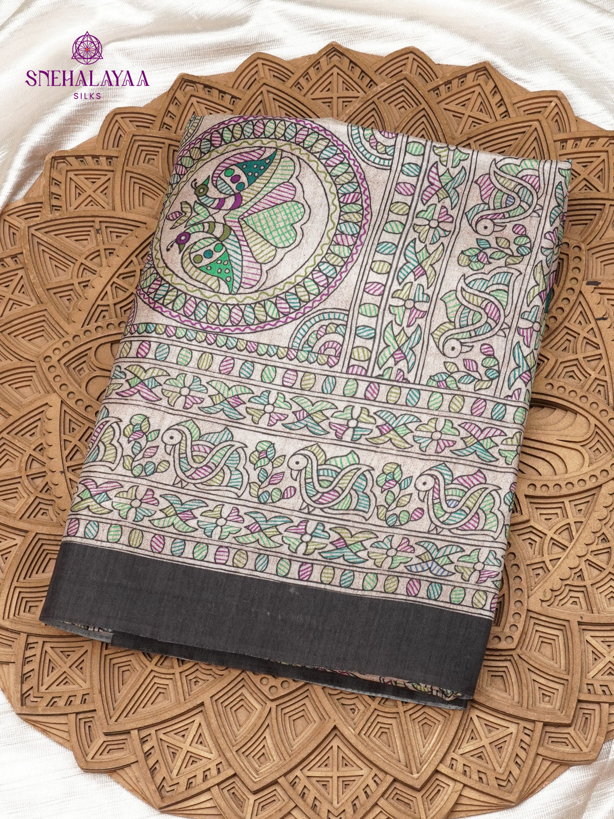 Beige With Black Border Madhubani Saree