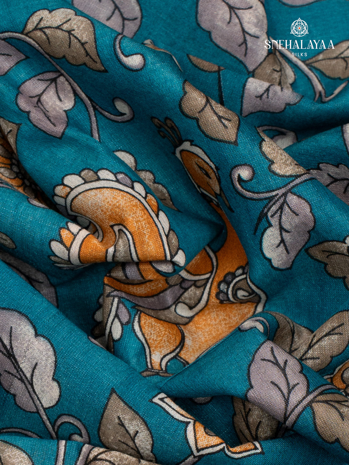 Teal Blue Printed Tussar Saree