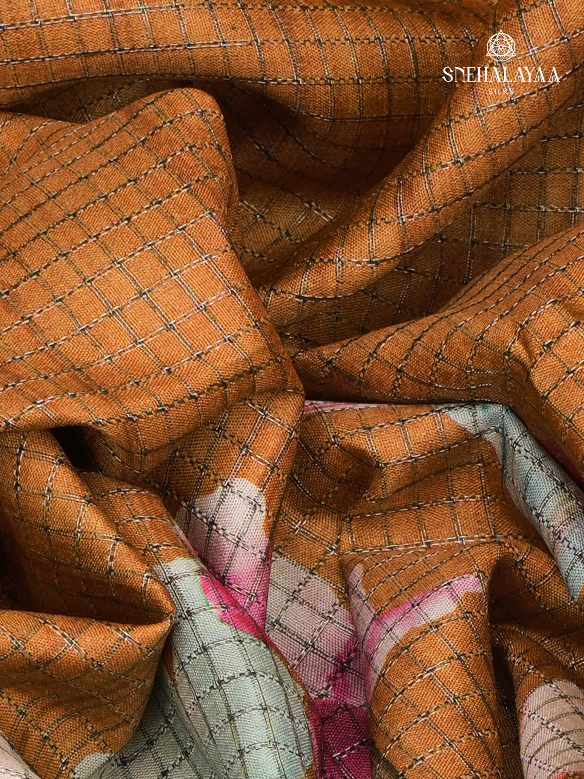 Orange Floral Printed Tussar Saree