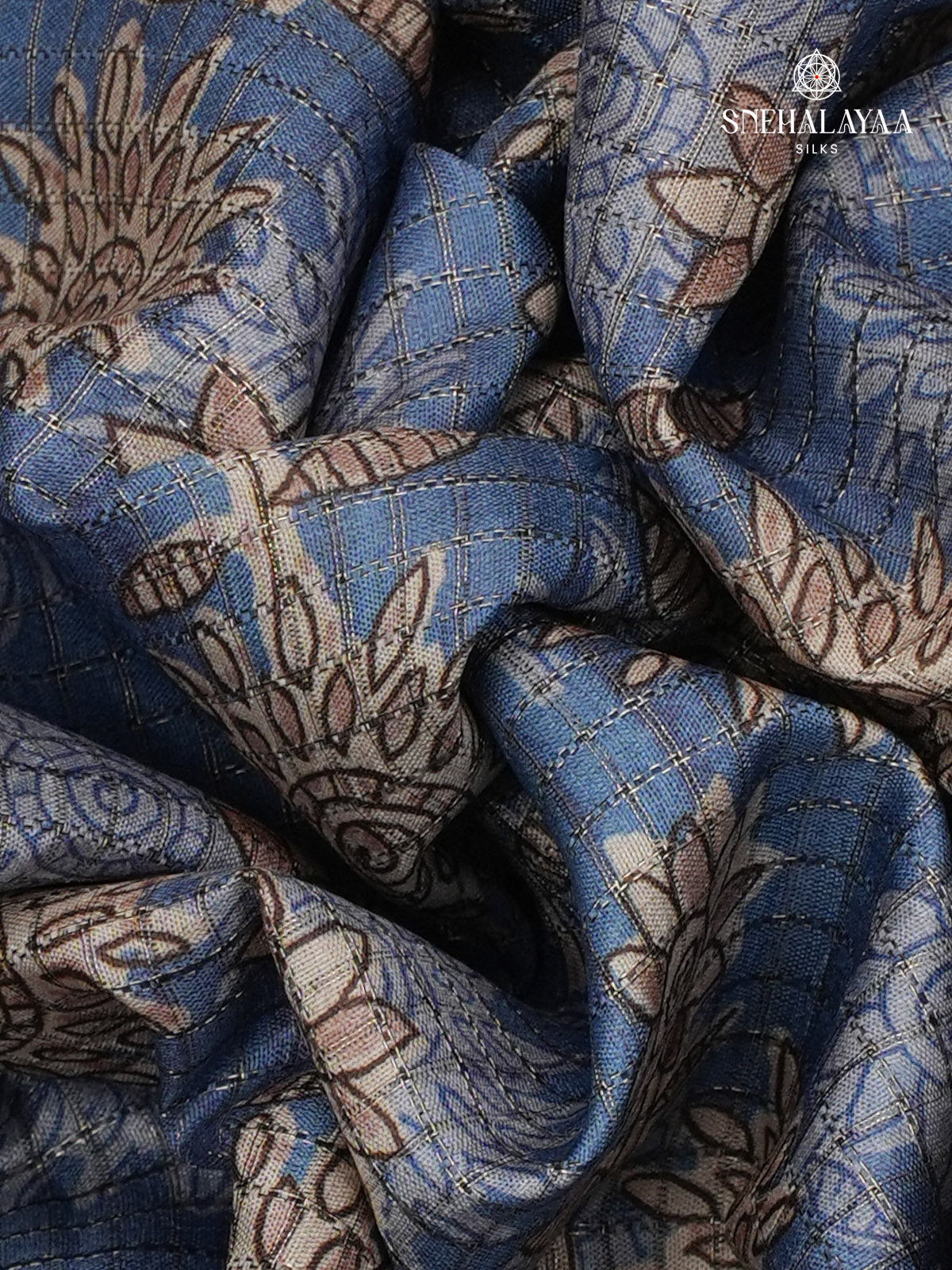 Pastel Blue Floral Printed Tussar Saree