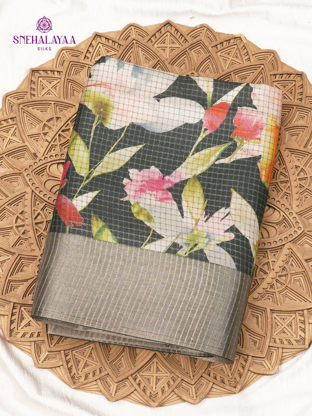 Black Floral Printed Tussar Saree