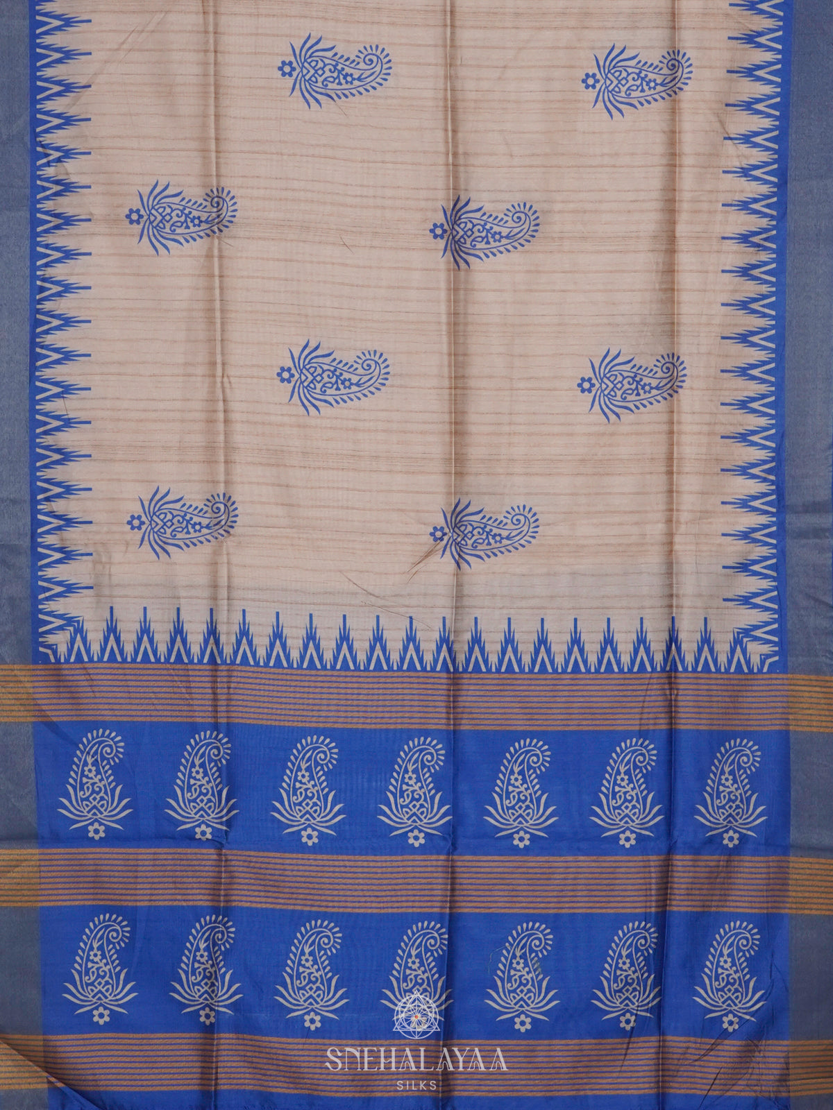 Beige with Blue Border Tussar Saree
