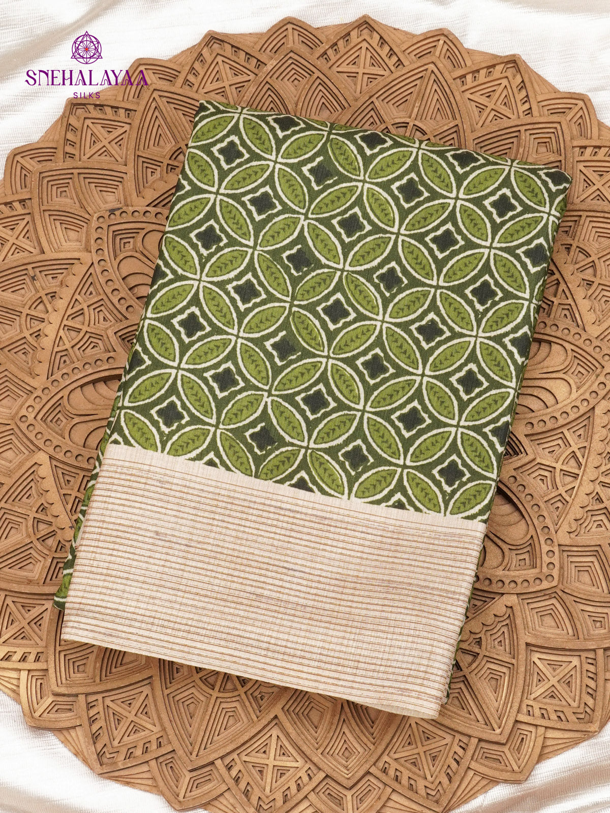 Olive Green Printed Tussar Saree