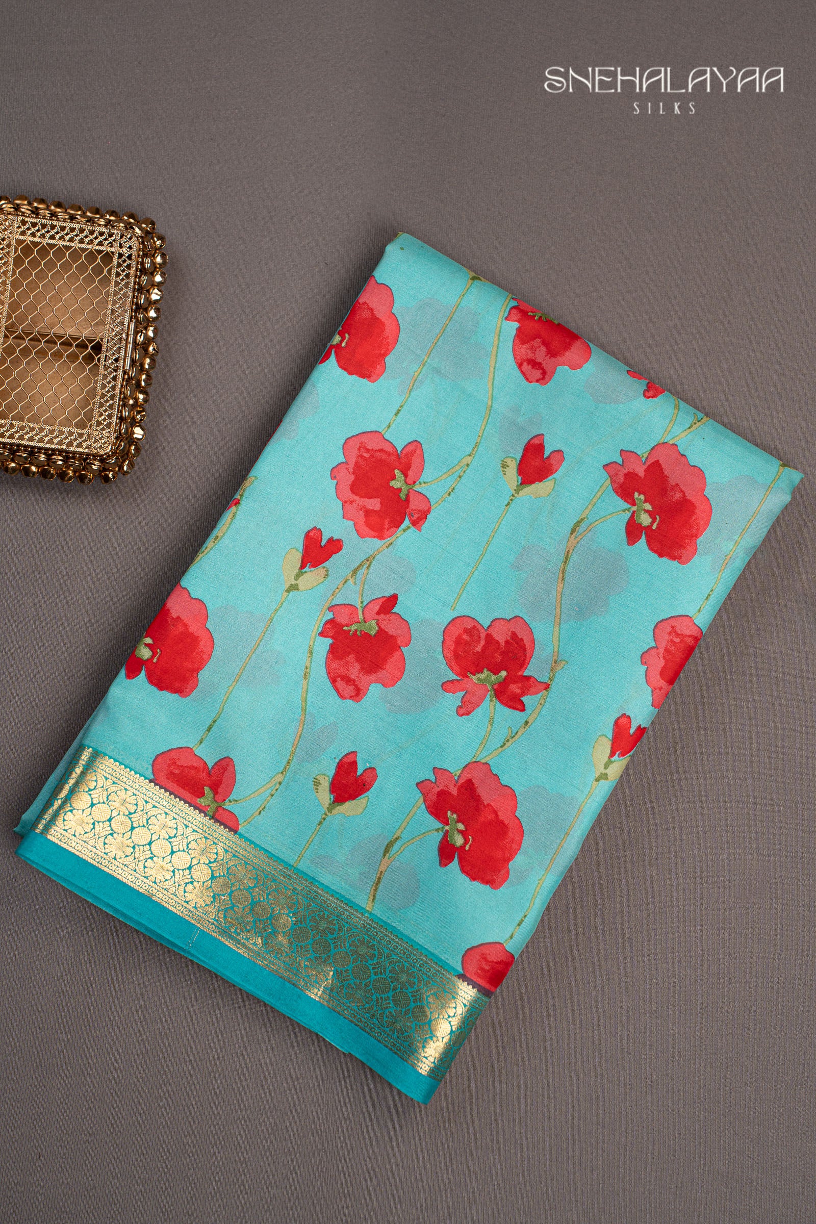 Arctic Blue Printed Mysore Silk Saree