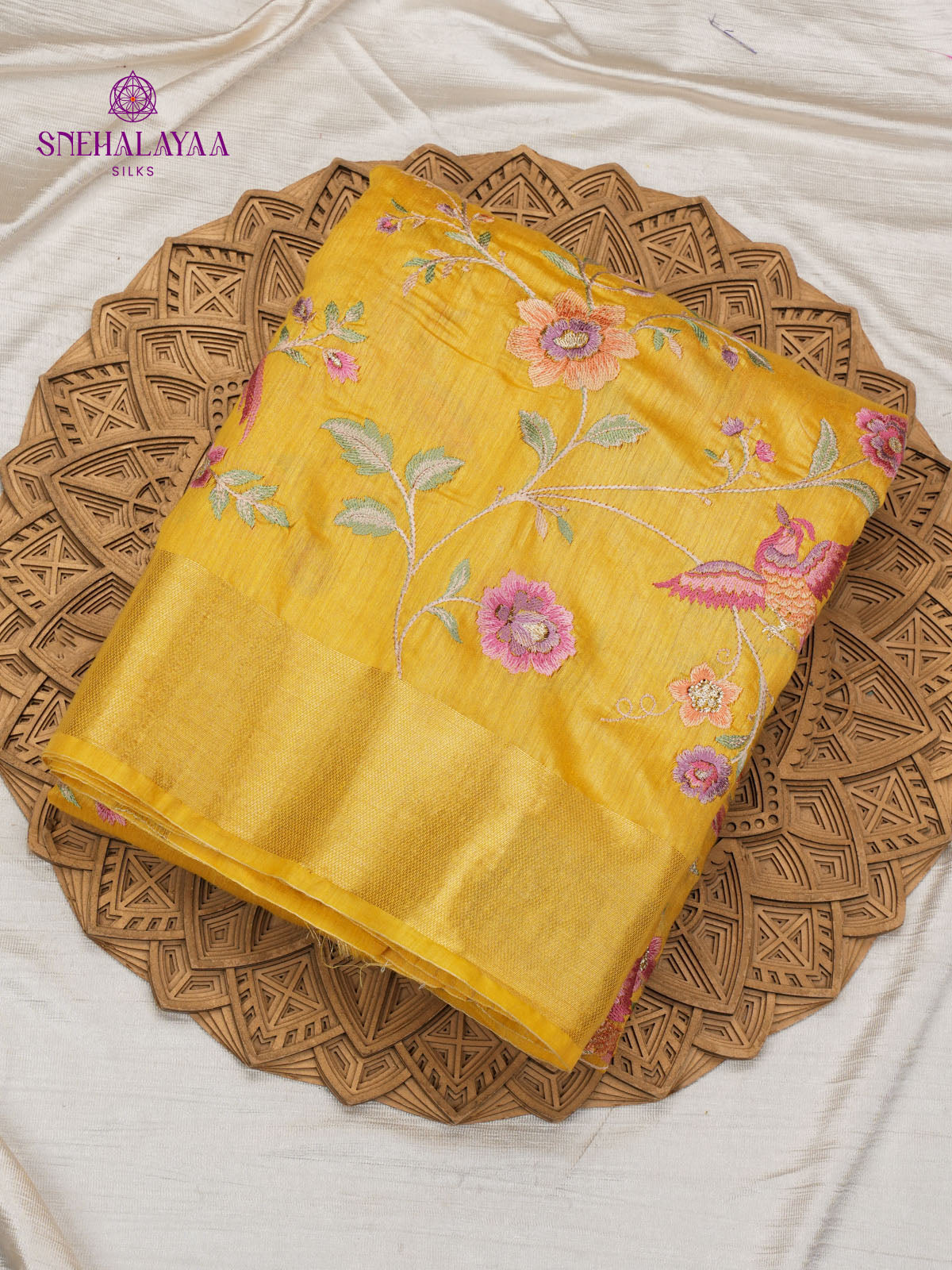 Yellow Munga Tussar Embroidery Saree